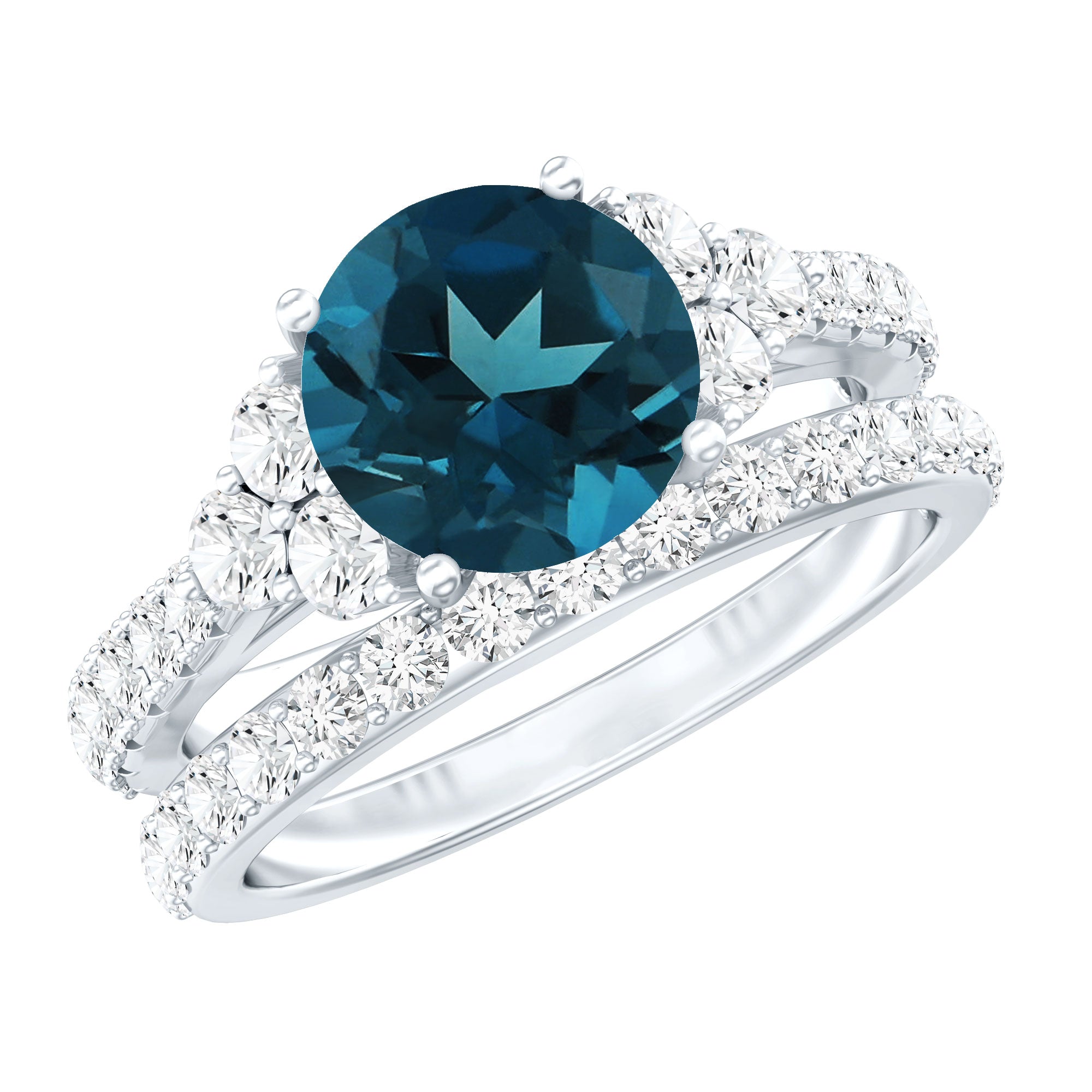 8 mm London Blue Topaz Wedding Ring Set with Moissanite Band AAA - Rosec Jewels