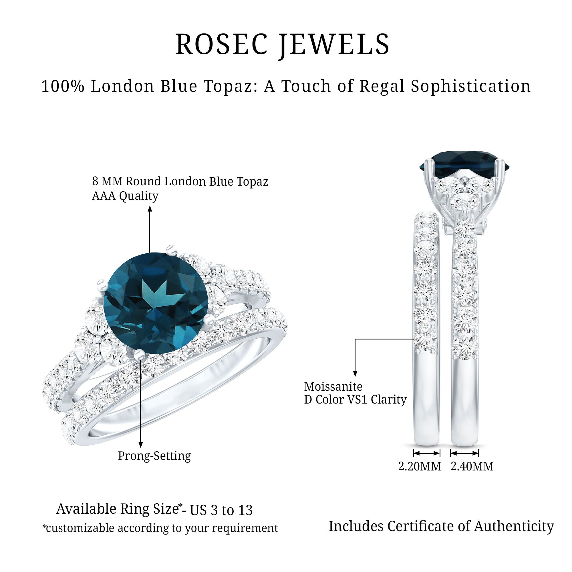 8 mm London Blue Topaz Wedding Ring Set with Moissanite Band AAA - Rosec Jewels