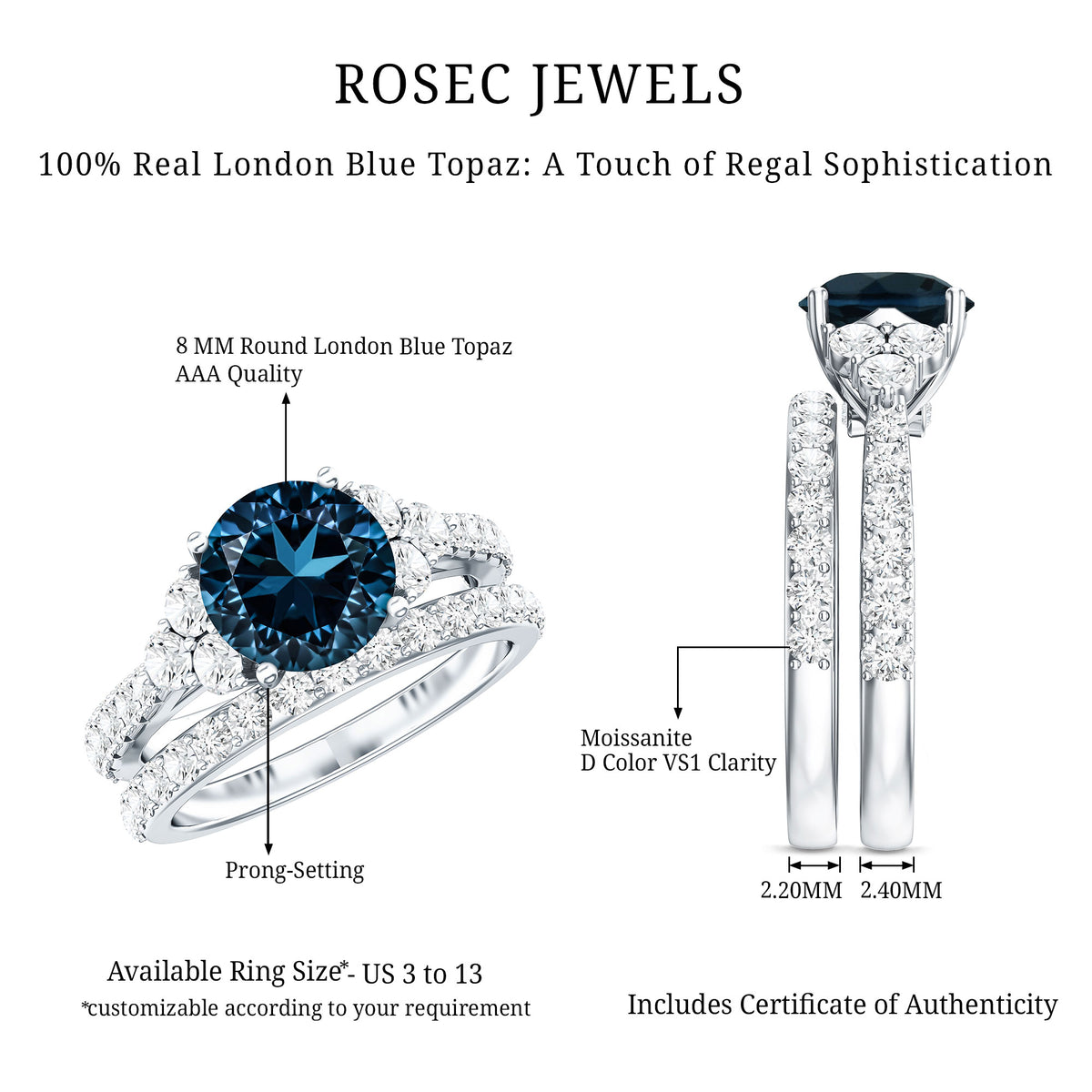2 Carat London Blue Topaz Ring Set with Wedding Band AAA - Rosec Jewels