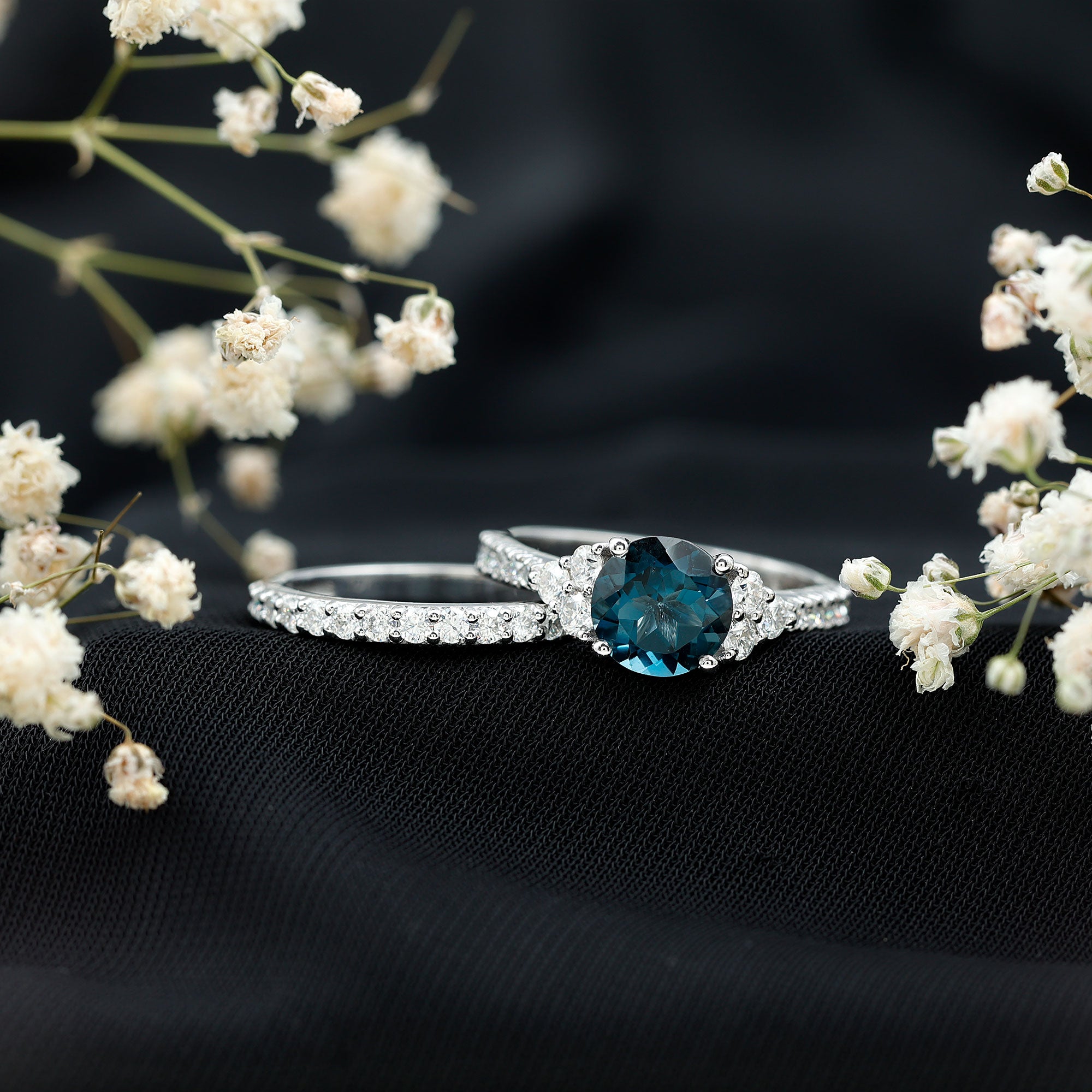8 mm London Blue Topaz Wedding Ring Set with Moissanite Band AAA - Rosec Jewels