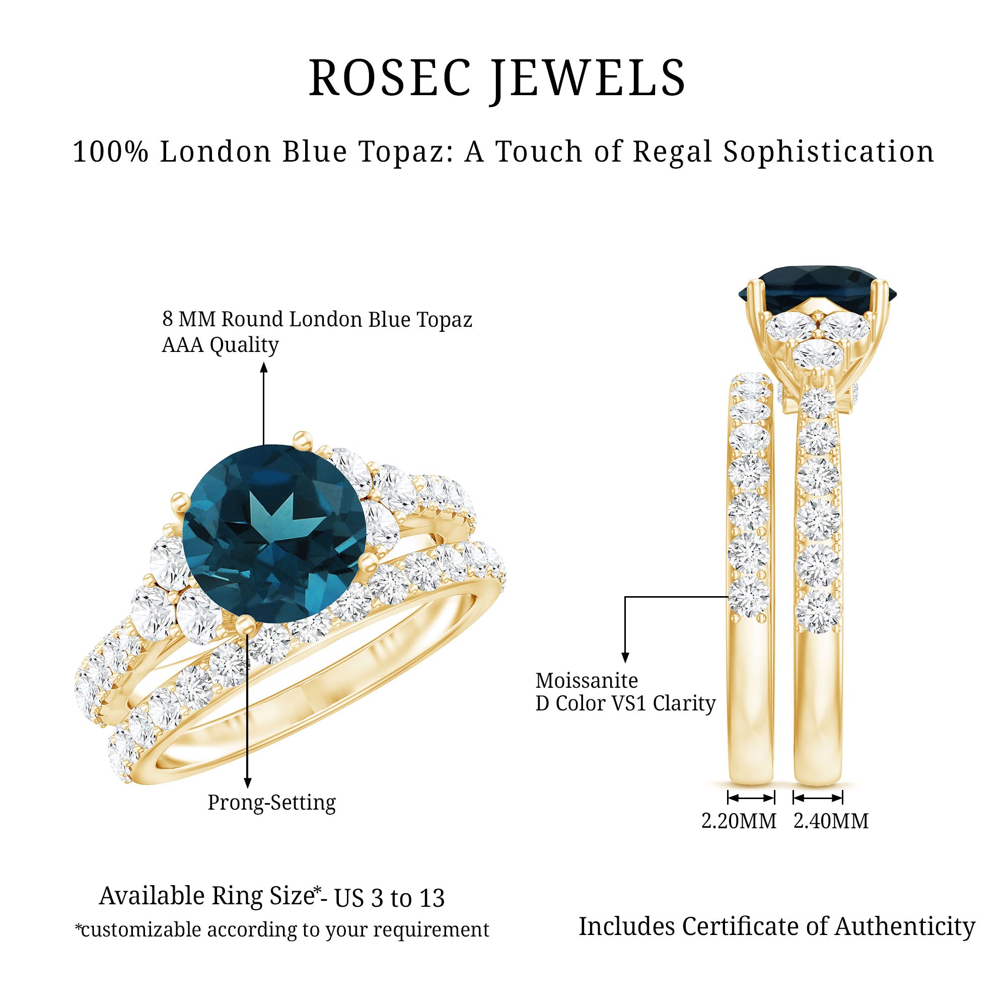 8 mm London Blue Topaz Wedding Ring Set with Moissanite Band AAA - Rosec Jewels