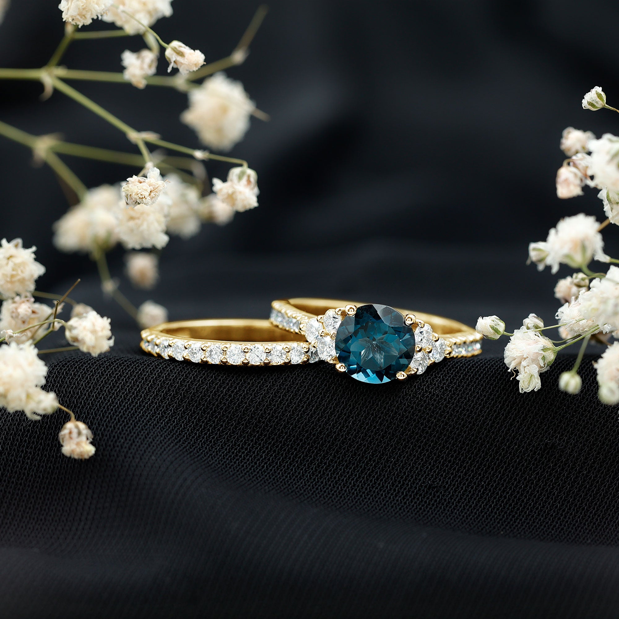 8 mm London Blue Topaz Wedding Ring Set with Moissanite Band AAA - Rosec Jewels
