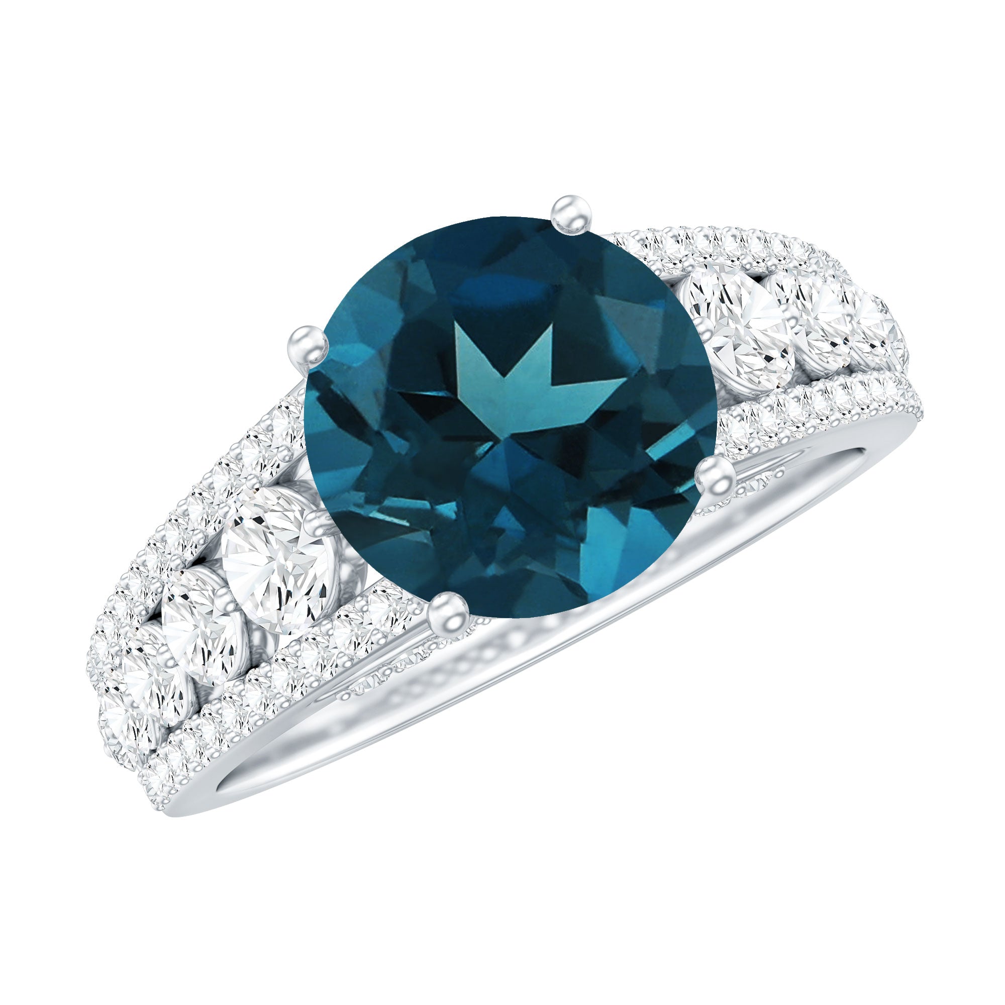 8 mm London Blue Topaz Statement Engagement Ring with Side Stones AAA - Rosec Jewels