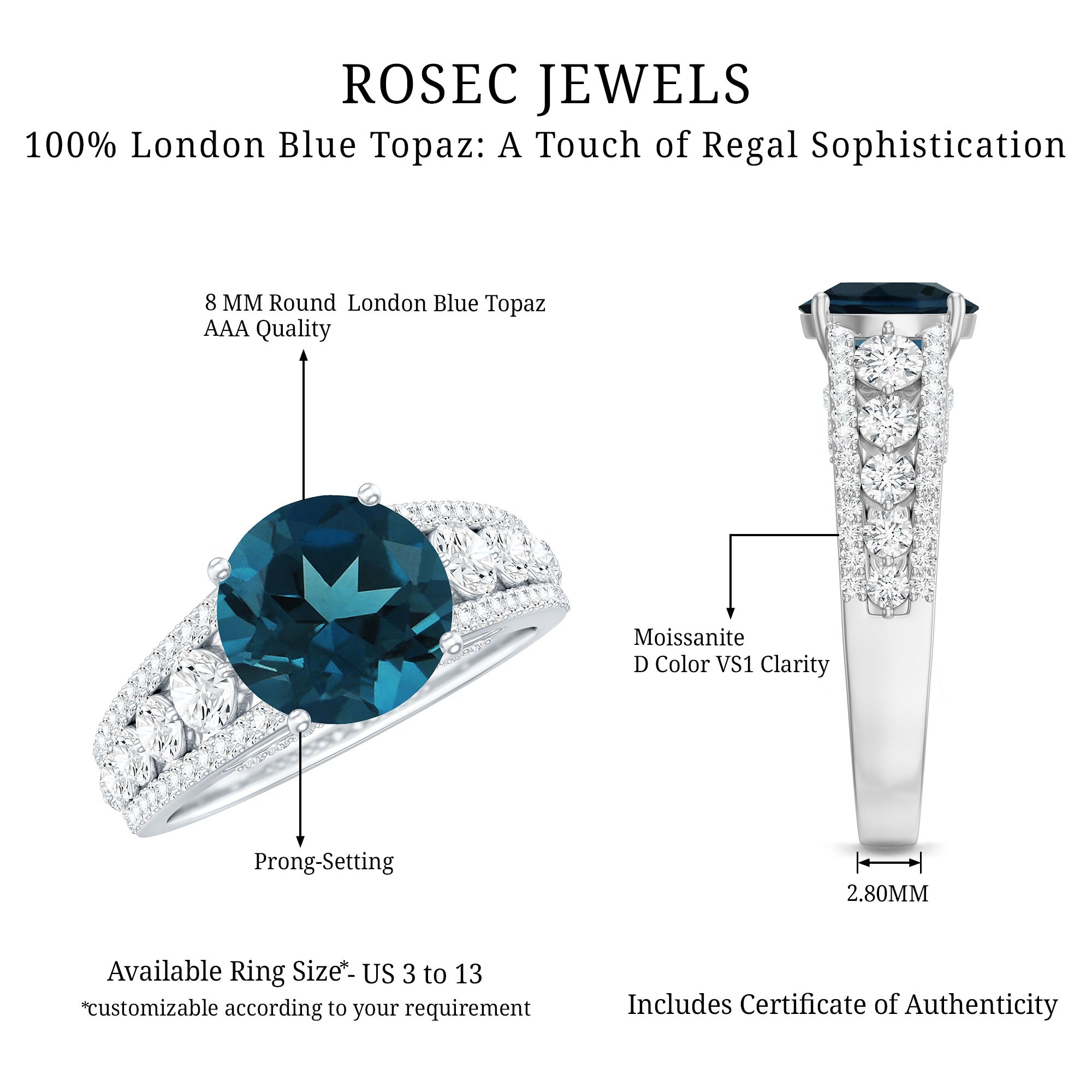 8 mm London Blue Topaz Statement Engagement Ring with Side Stones AAA - Rosec Jewels