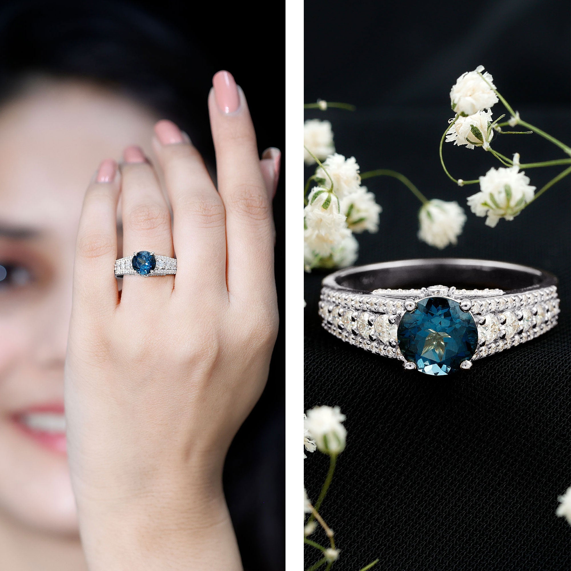 8 mm London Blue Topaz Statement Engagement Ring with Side Stones AAA - Rosec Jewels