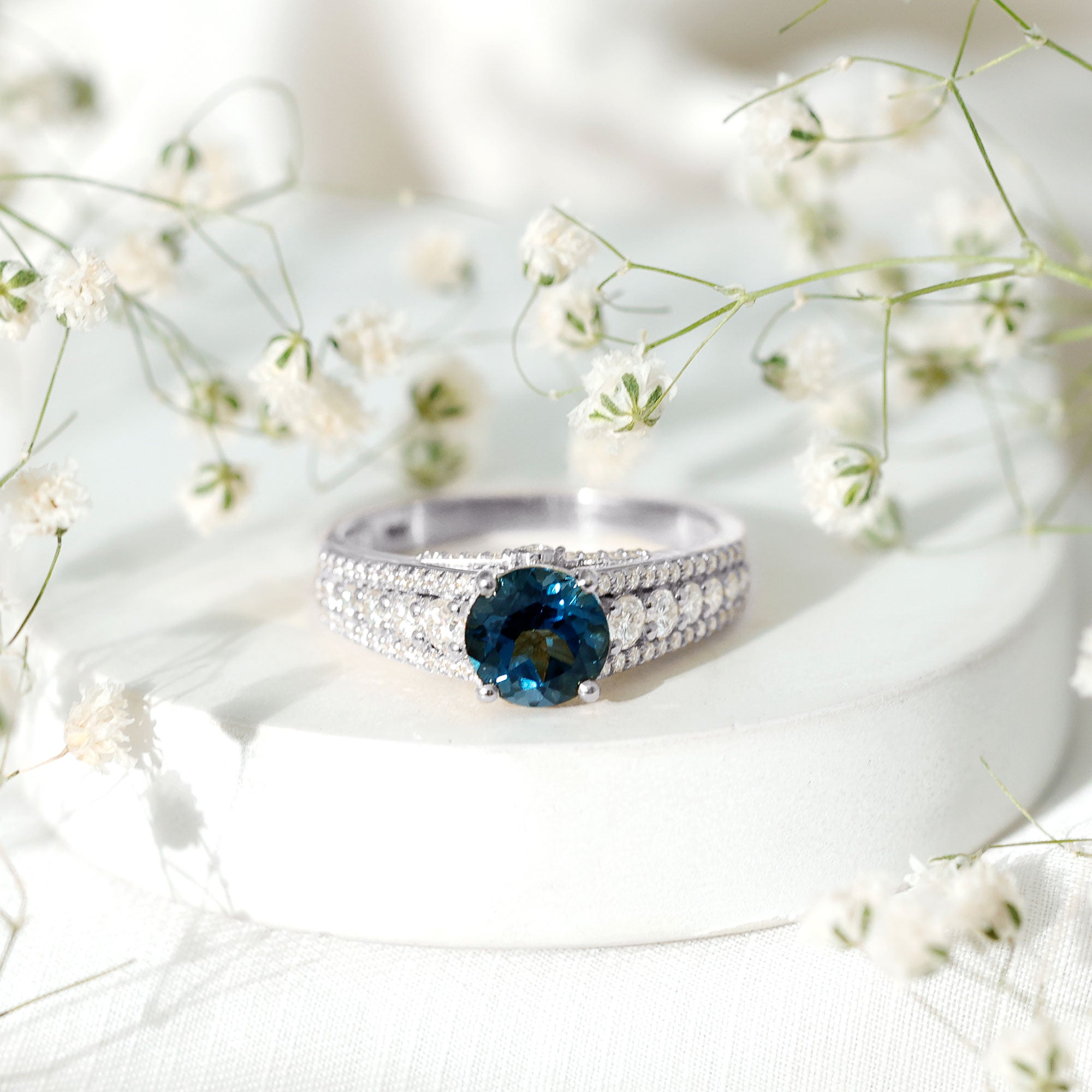 8 mm London Blue Topaz Statement Engagement Ring with Side Stones AAA - Rosec Jewels