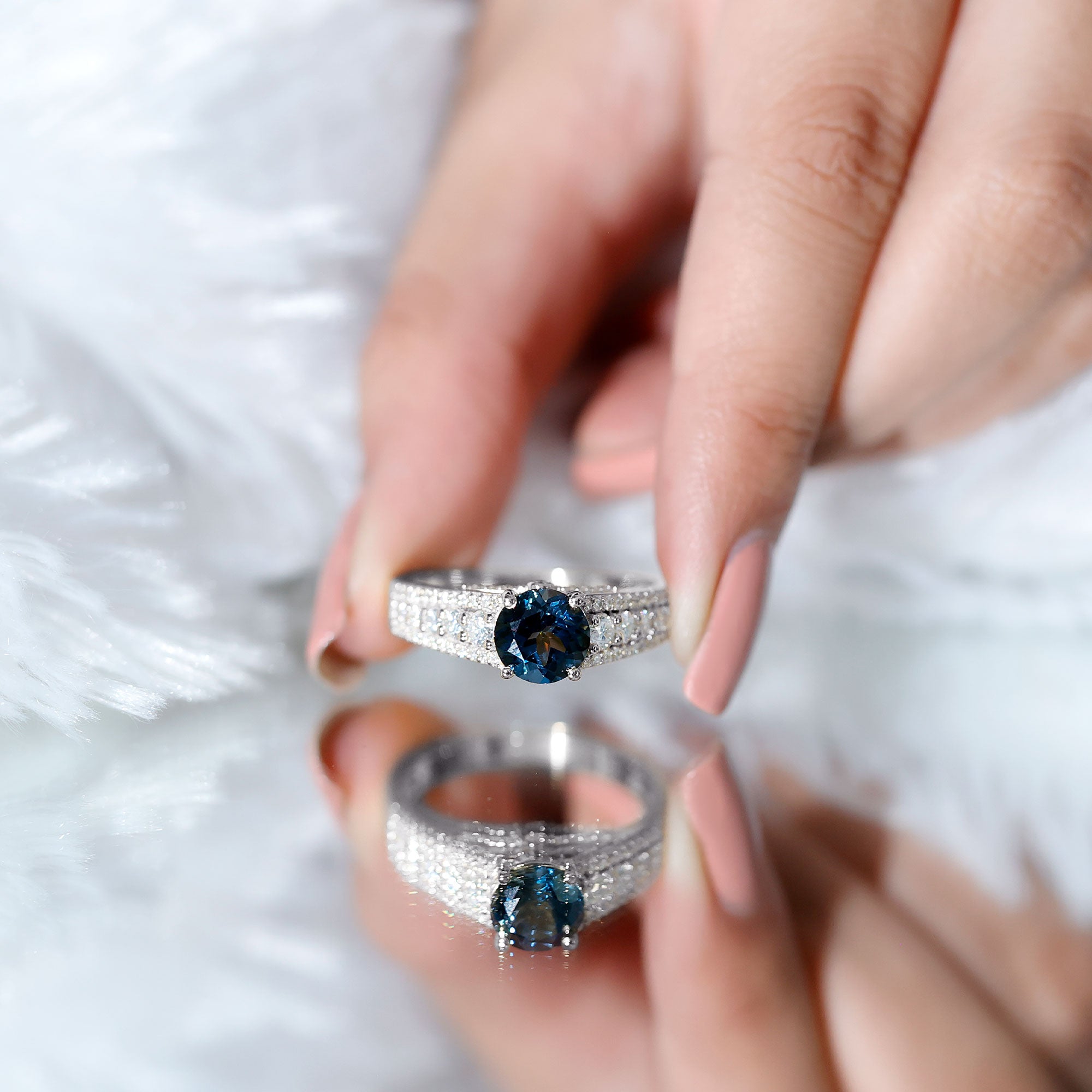 8 mm London Blue Topaz Statement Engagement Ring with Side Stones AAA - Rosec Jewels