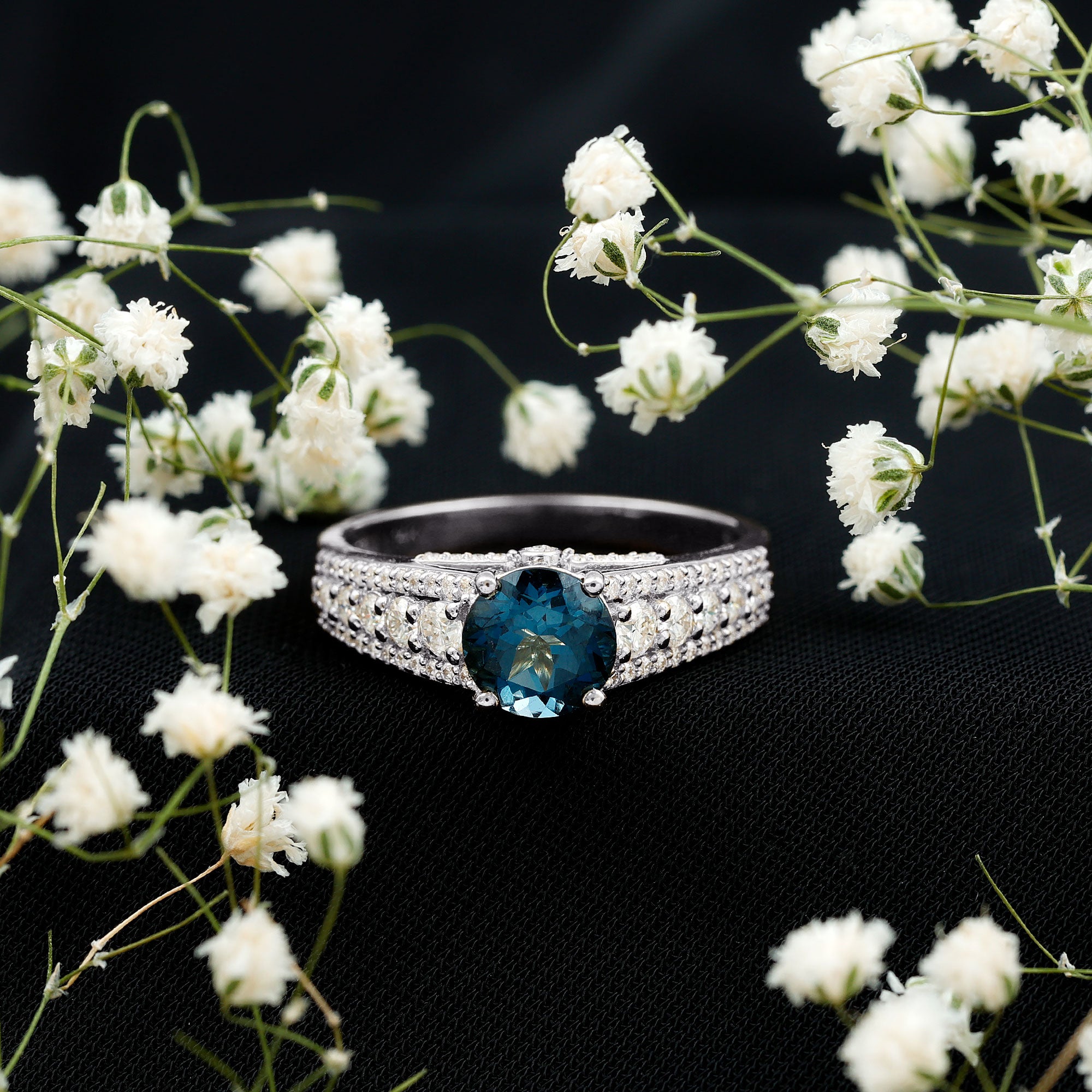 8 mm London Blue Topaz Statement Engagement Ring with Side Stones AAA - Rosec Jewels