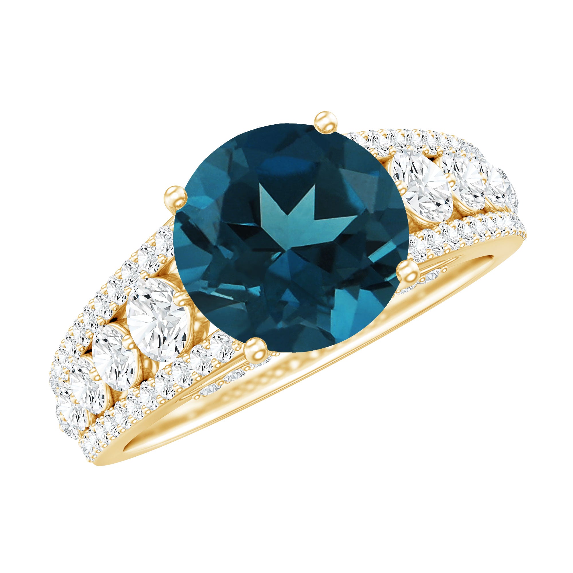 8 mm London Blue Topaz Statement Engagement Ring with Side Stones AAA - Rosec Jewels