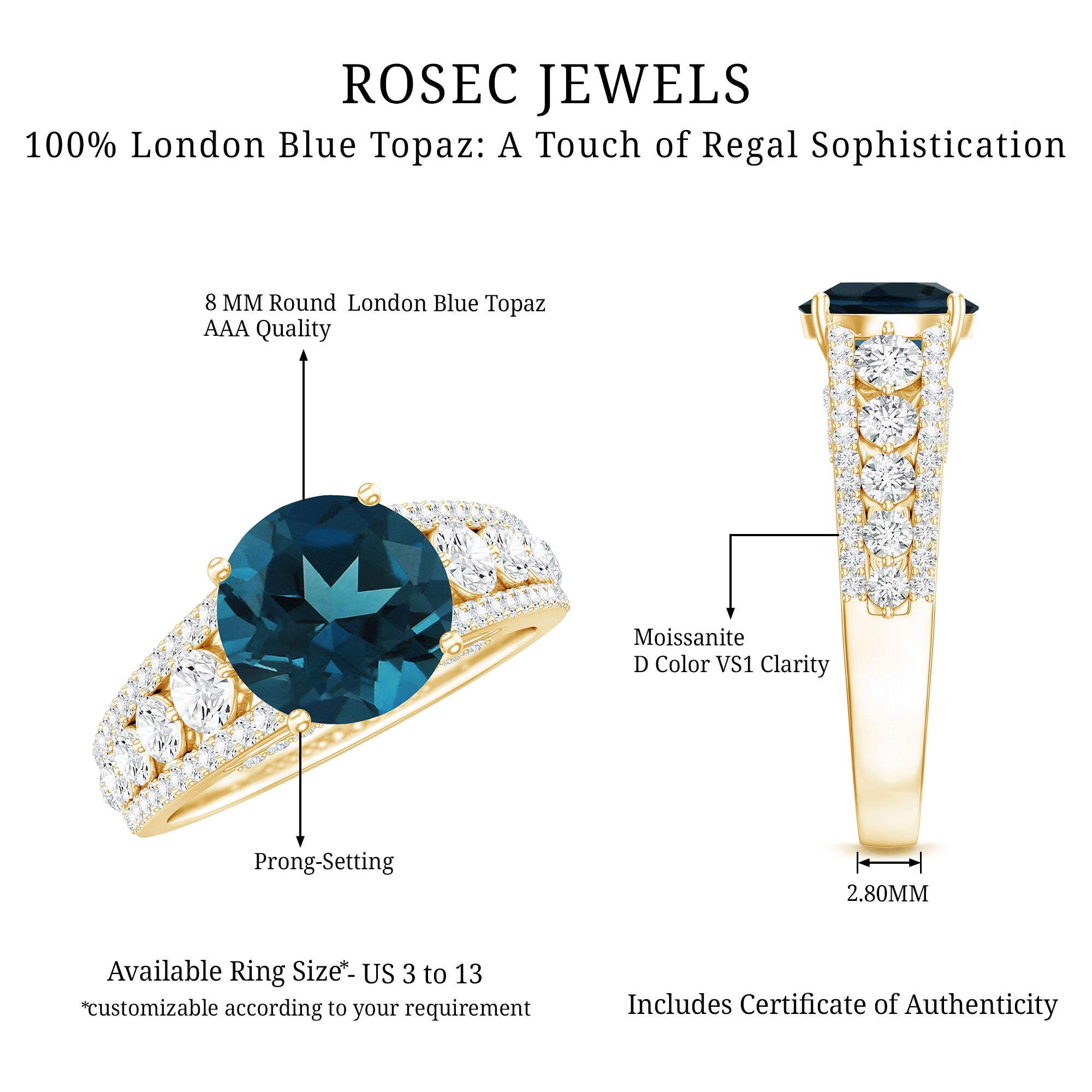 8 mm London Blue Topaz Statement Engagement Ring with Side Stones AAA - Rosec Jewels