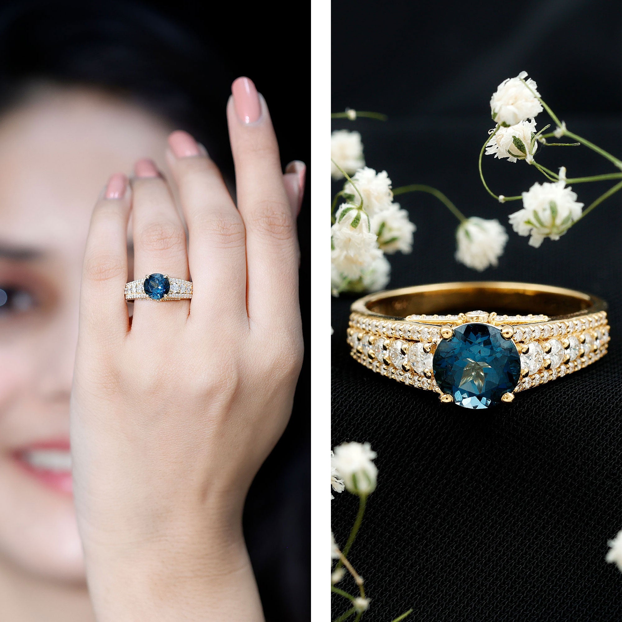 8 mm London Blue Topaz Statement Engagement Ring with Side Stones AAA - Rosec Jewels