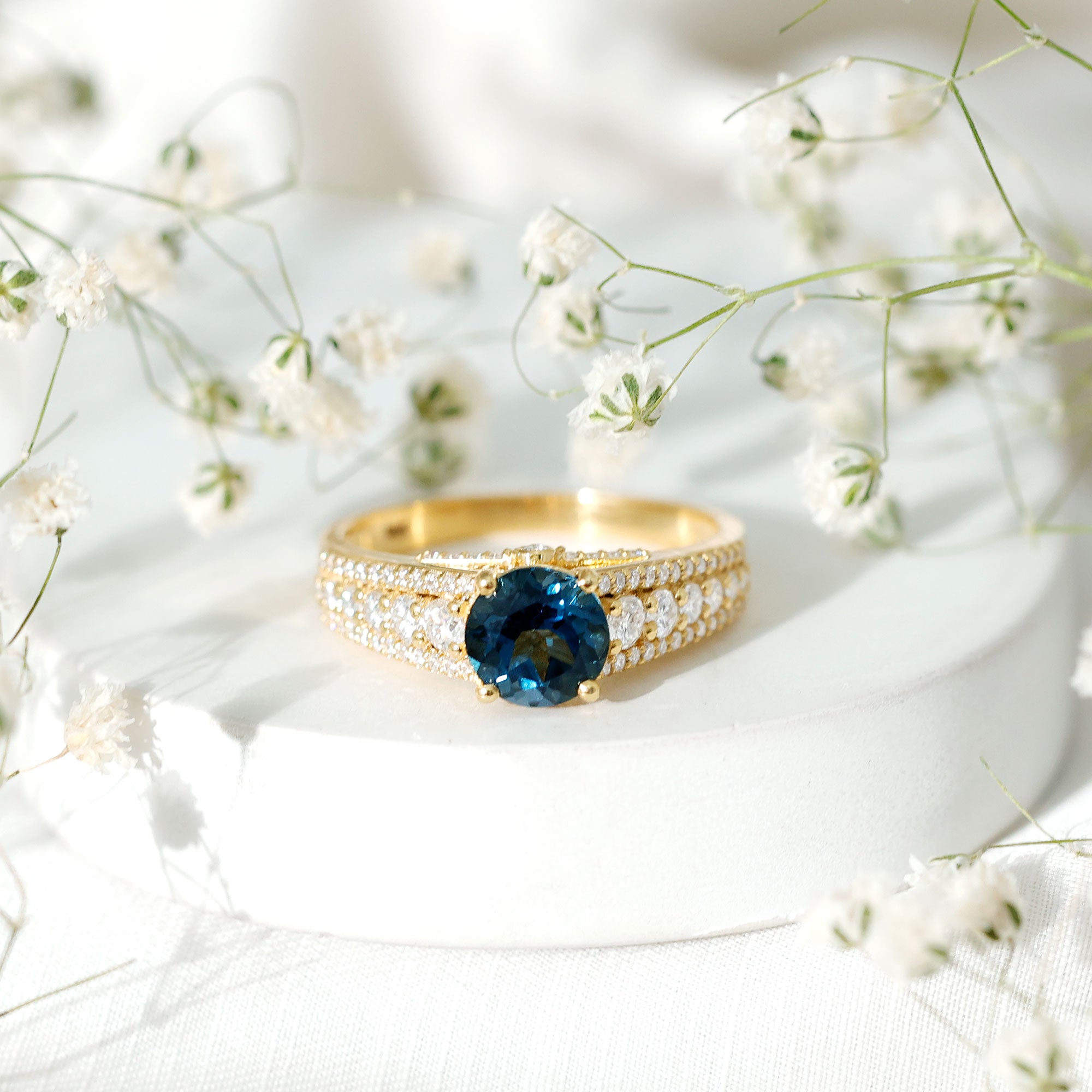 8 mm London Blue Topaz Statement Engagement Ring with Side Stones AAA - Rosec Jewels