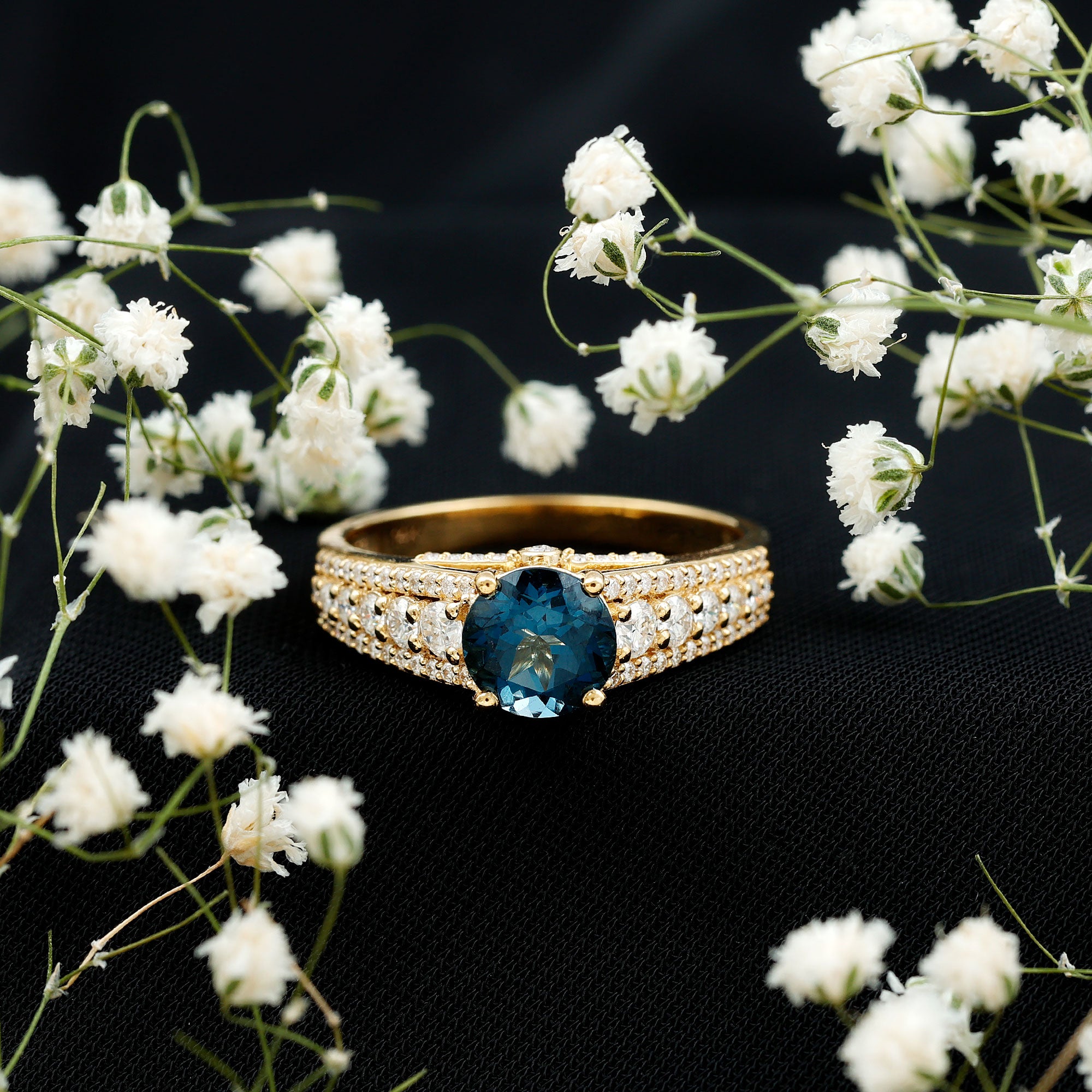8 mm London Blue Topaz Statement Engagement Ring with Side Stones AAA - Rosec Jewels