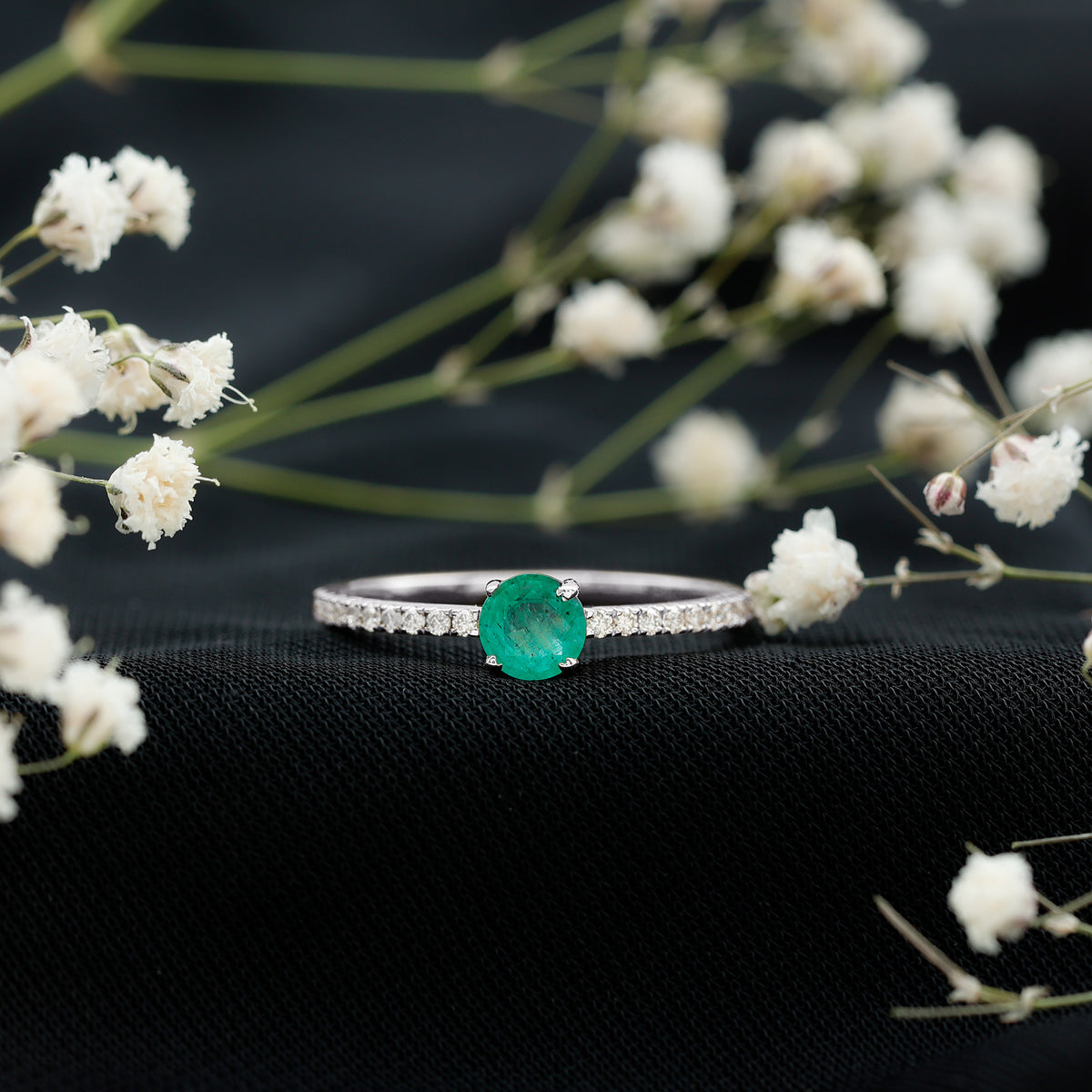 Natural Emerald Promise Ring with Diamond Side Stones AAA - Rosec Jewels