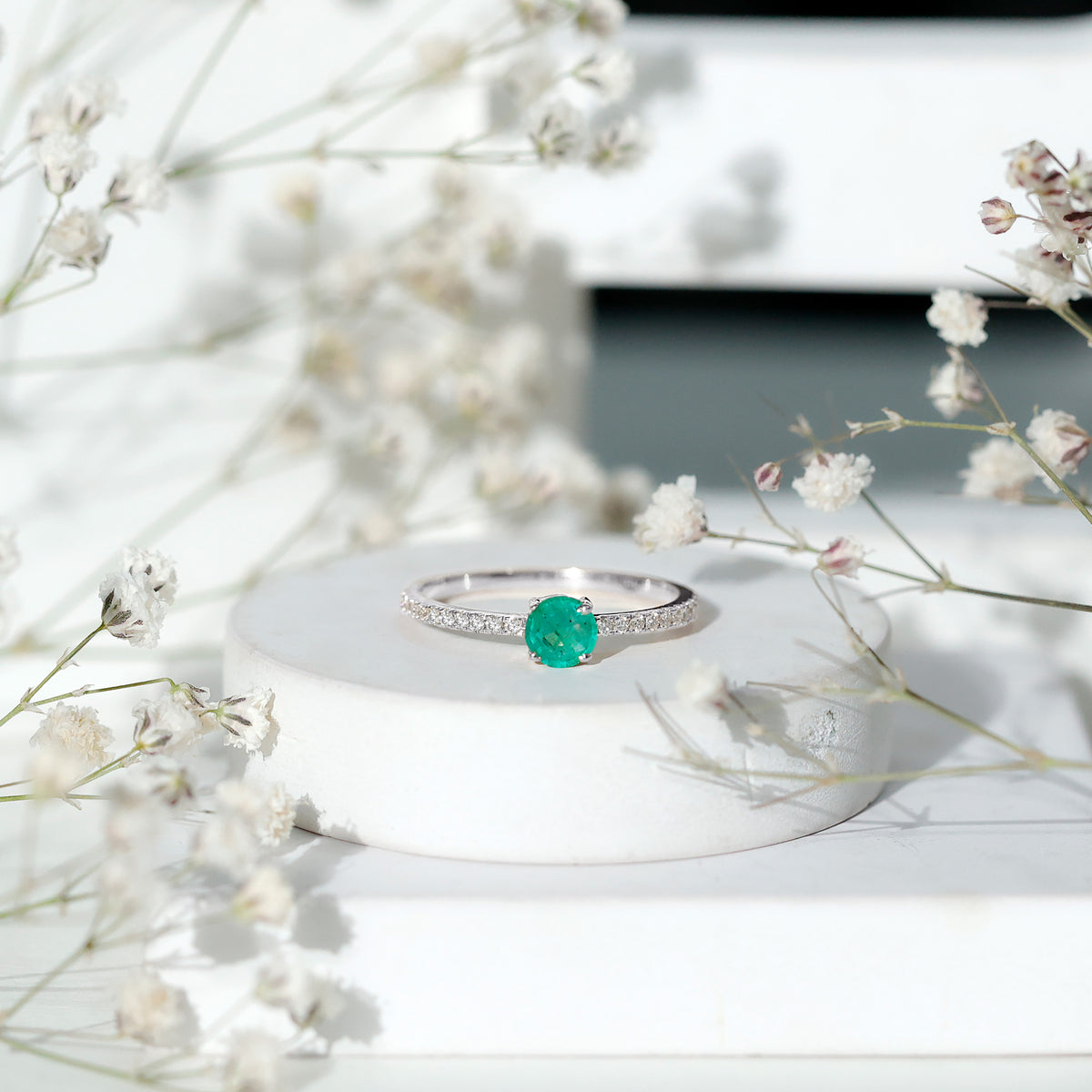 Natural Emerald Promise Ring with Diamond Side Stones AAA - Rosec Jewels