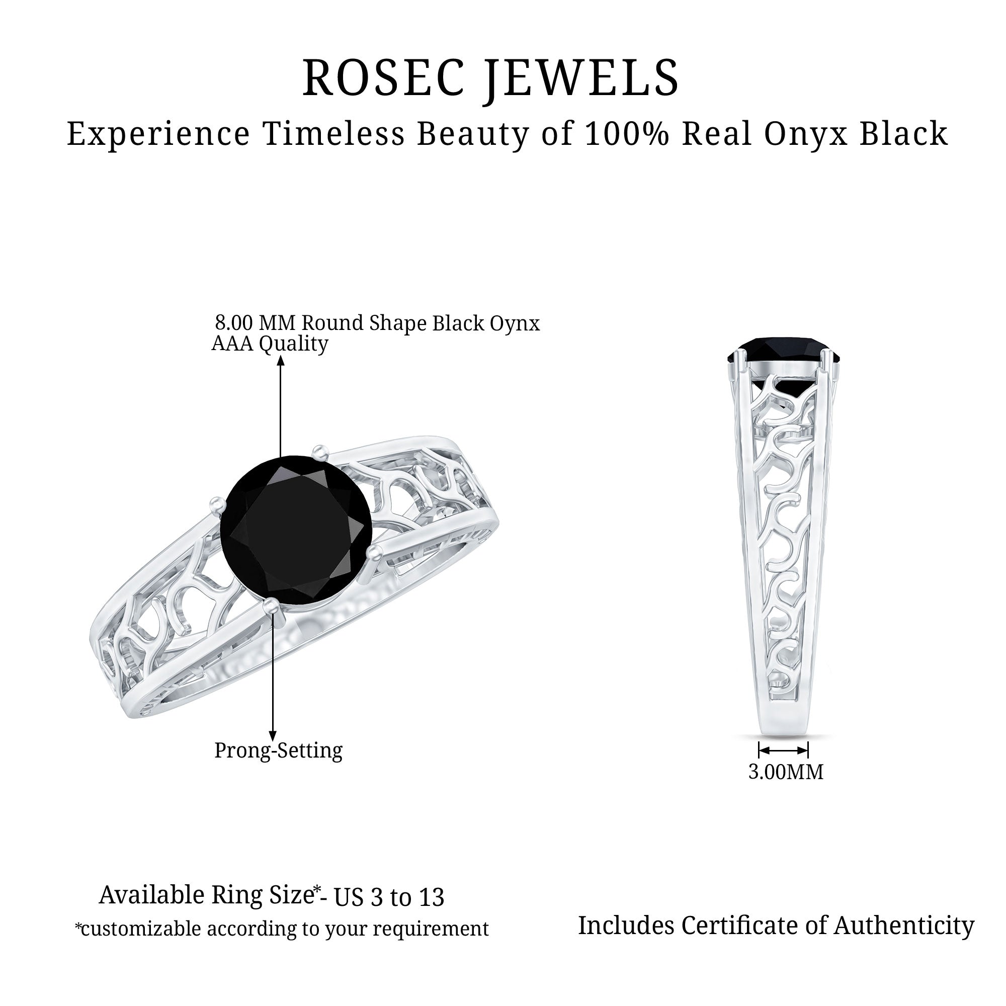 2 Carat Round Black Onyx Filigree Engagement Ring with Certificate AAA - Rosec Jewels