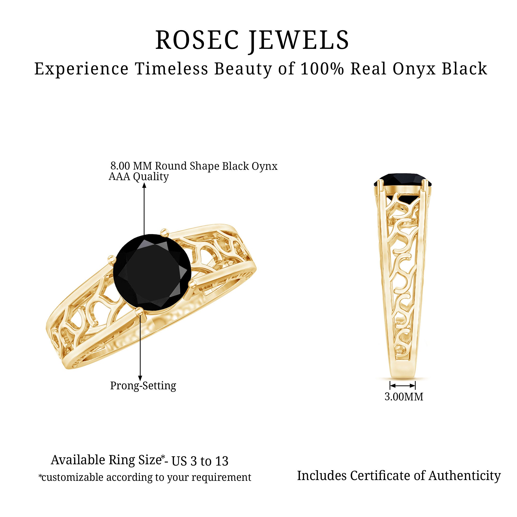 2 Carat Round Black Onyx Filigree Engagement Ring with Certificate AAA - Rosec Jewels
