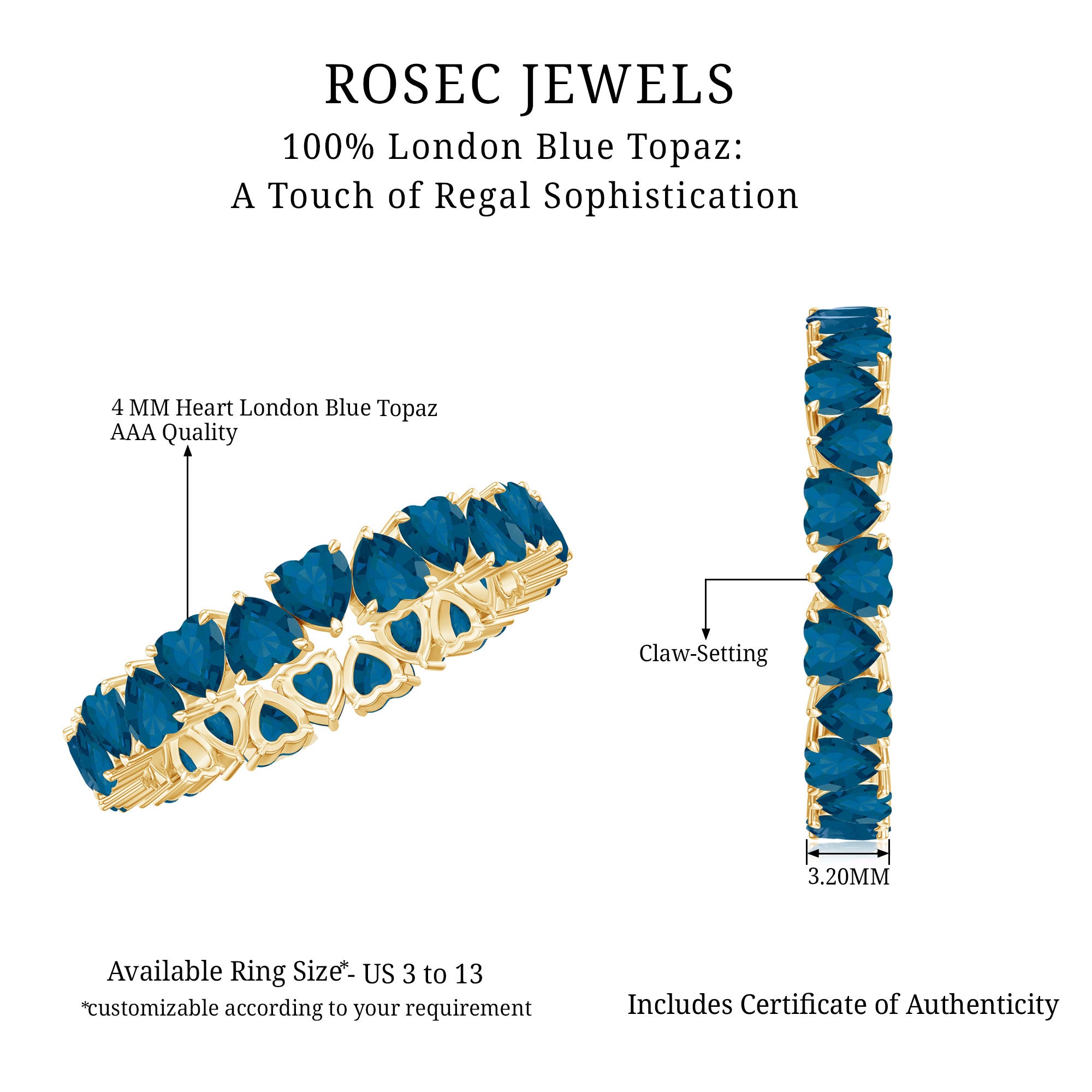 London Blue Topaz Heart Eternity Band Ring AAA - Rosec Jewels