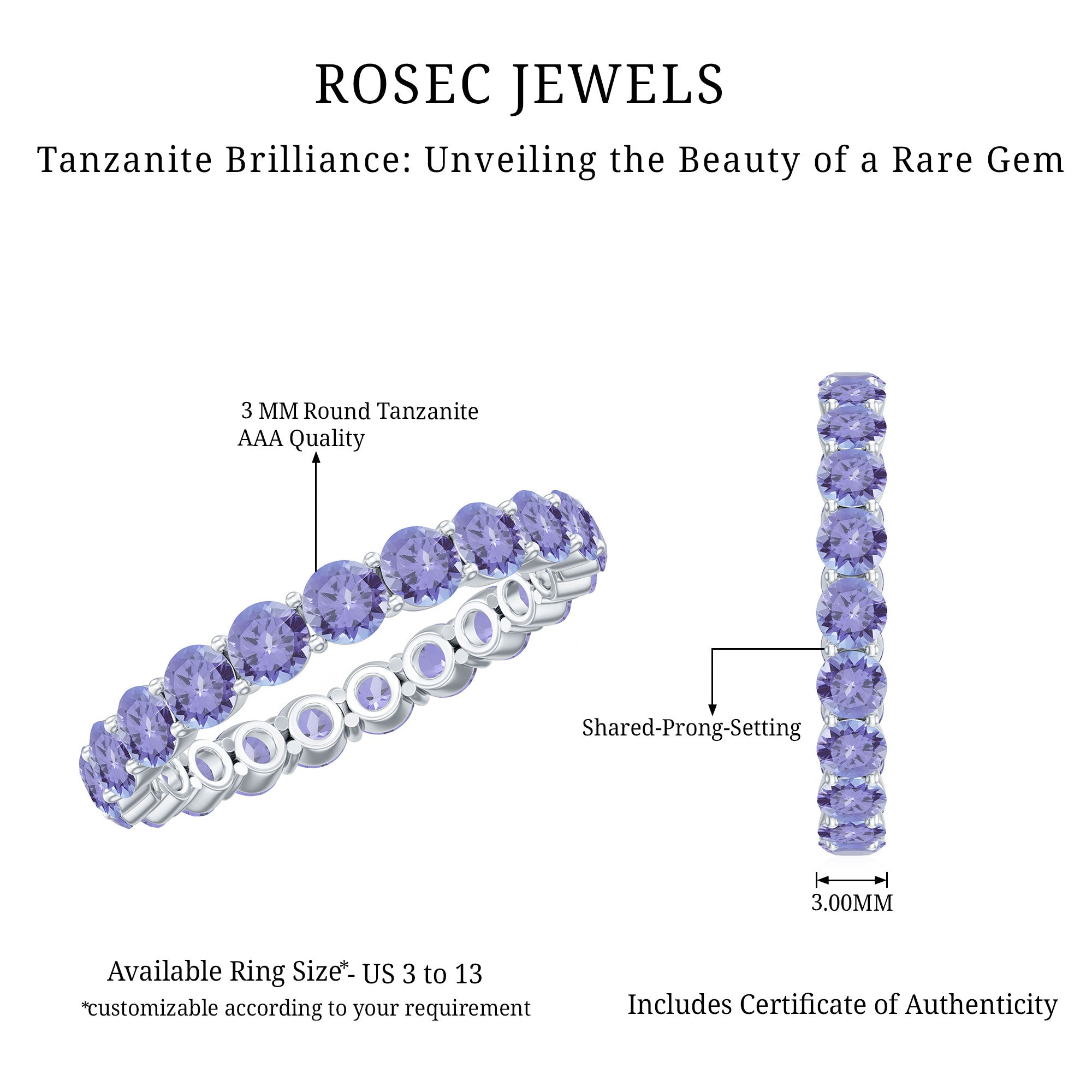 Real Tanzanite Full Eternity Ring for Women AAA - Rosec Jewels
