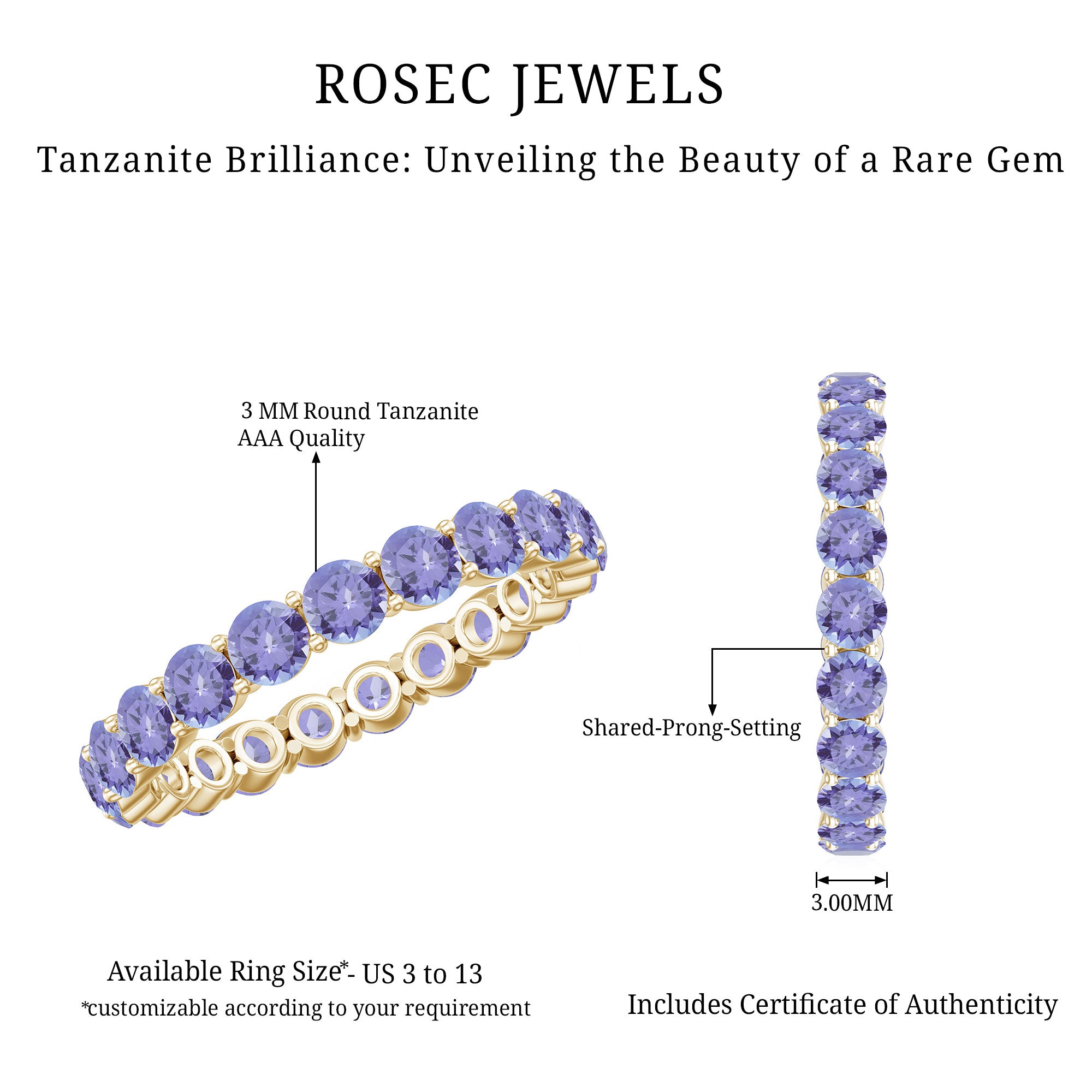 Real Tanzanite Full Eternity Ring for Women AAA - Rosec Jewels
