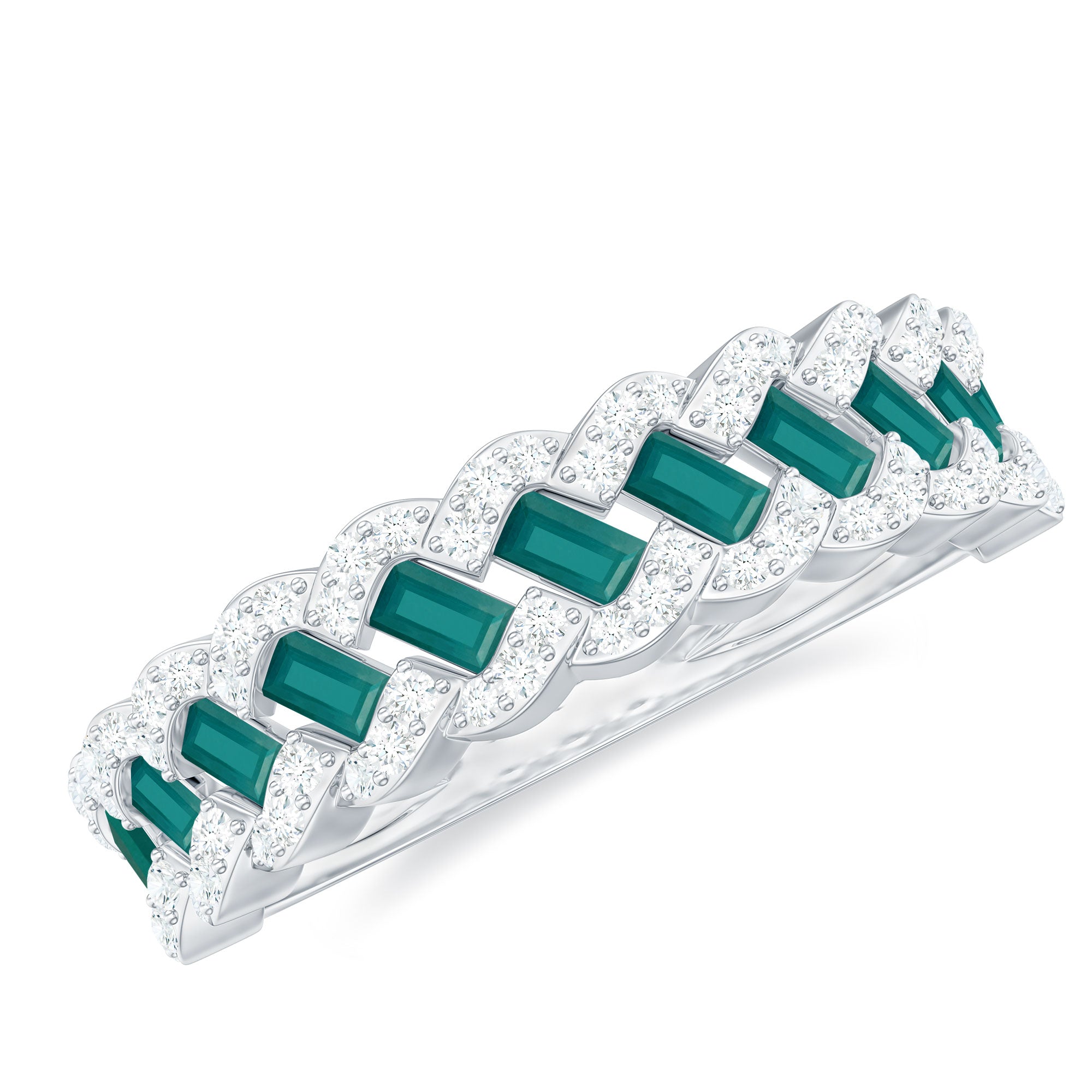 Baguette Emerald and Diamond Braided Half Eternity Band Ring