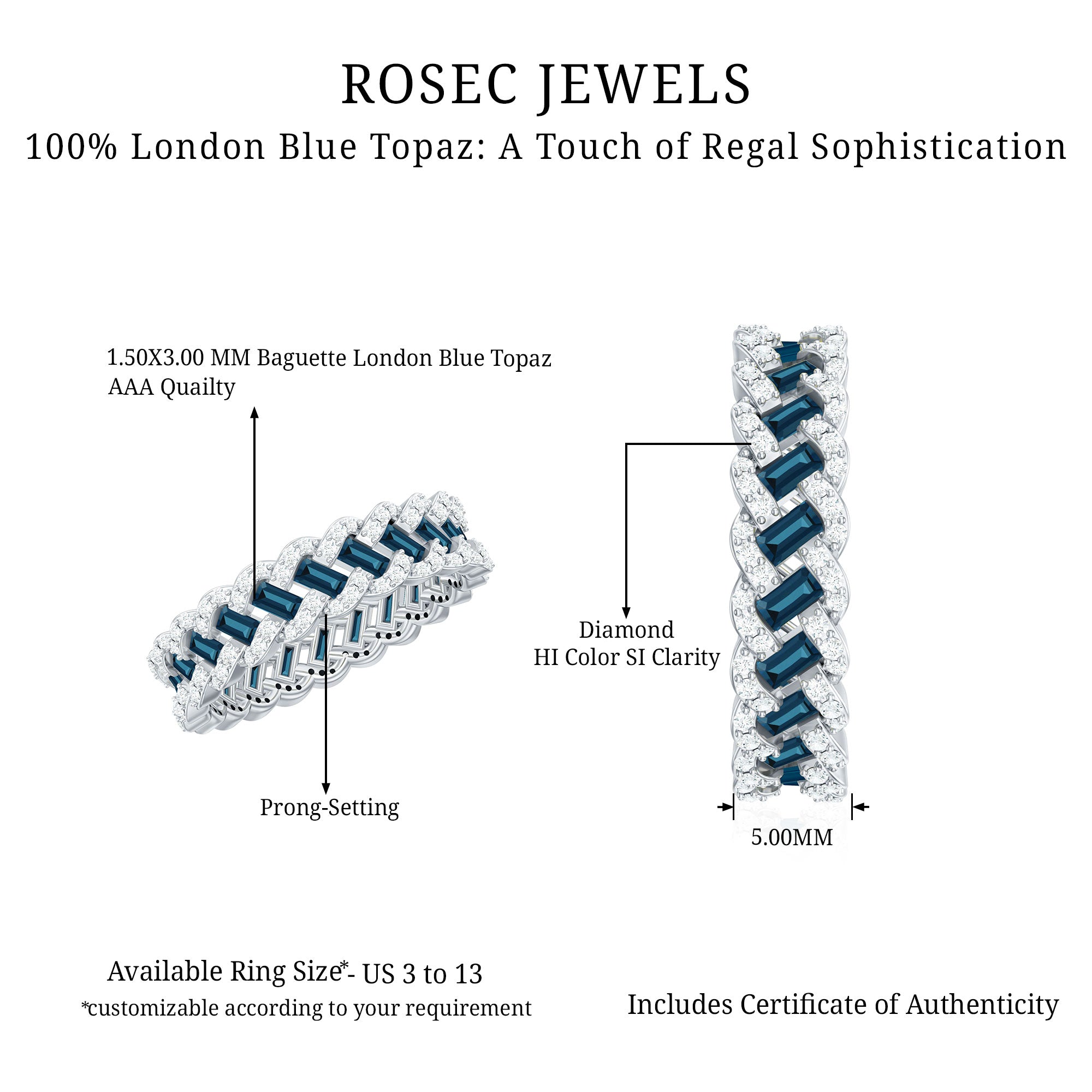 Baguette London Blue Topaz Full Eternity Band with Diamond AAA - Rosec Jewels