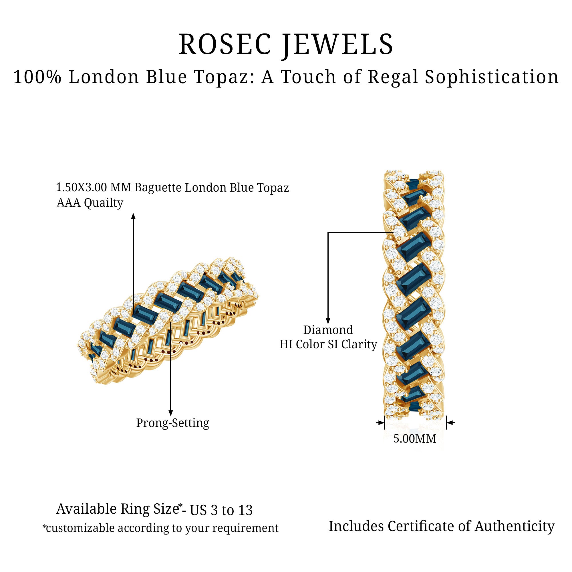 Baguette London Blue Topaz Full Eternity Band with Diamond AAA - Rosec Jewels
