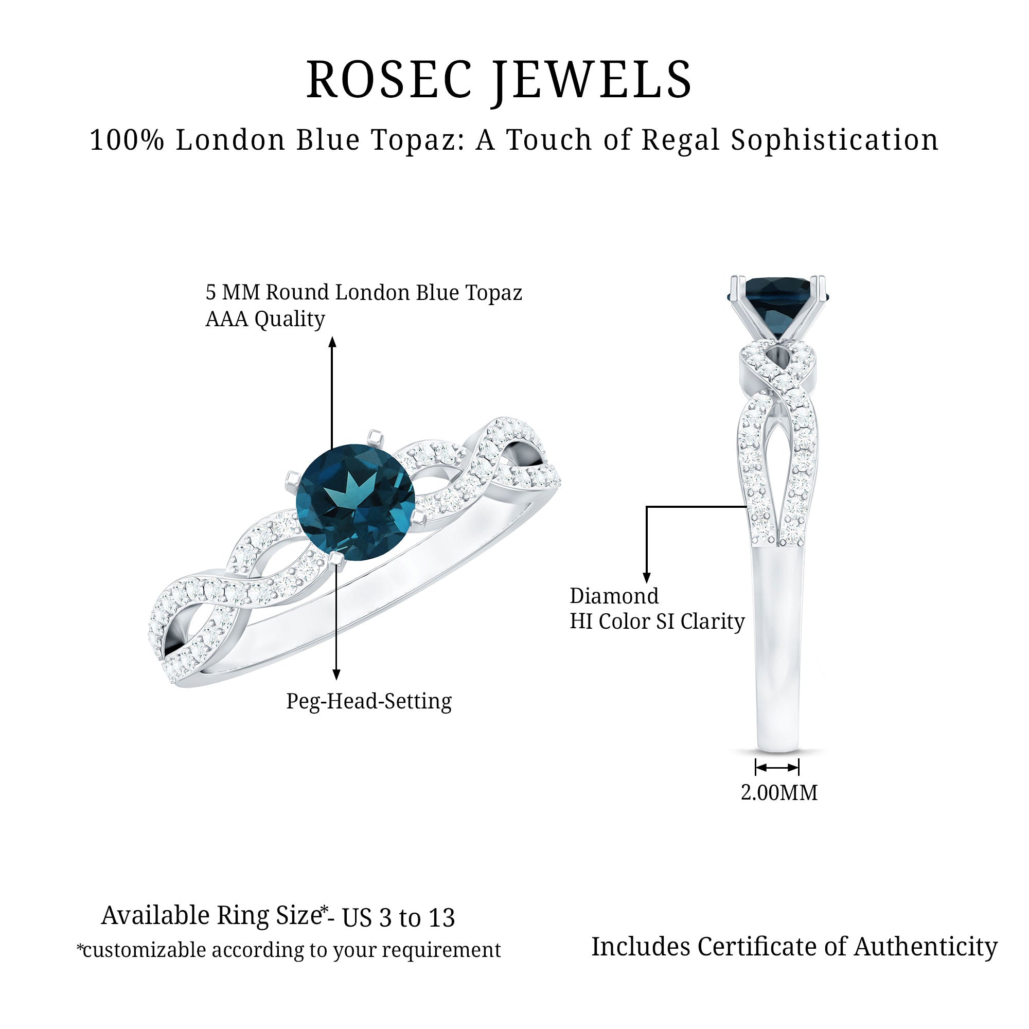 Round Blue Topaz Infinity Engagement Ring with Diamonds AAA - Rosec Jewels