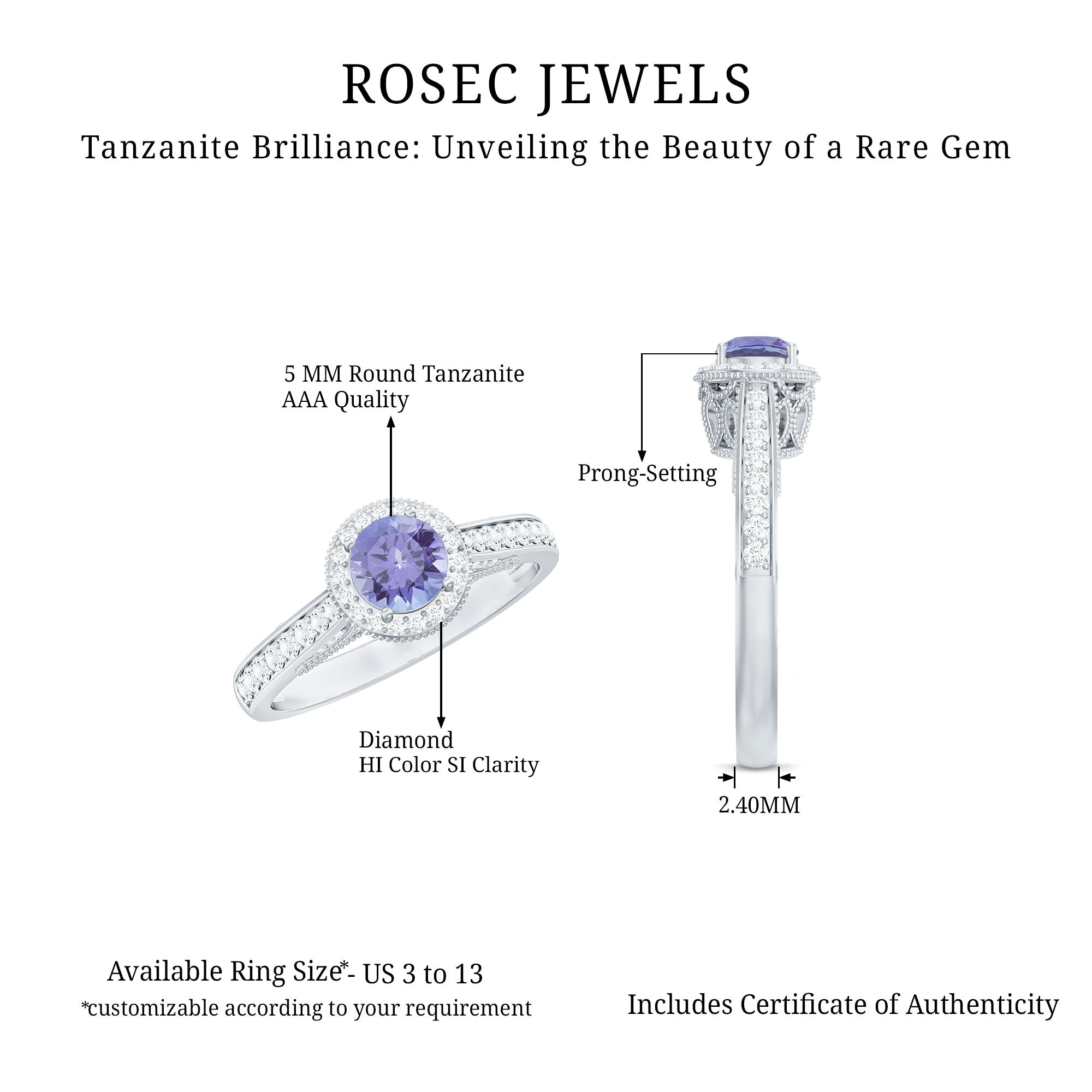 Rosec Jewels-Vintage Style Tanzanite Engagement Ring with Diamond Halo
