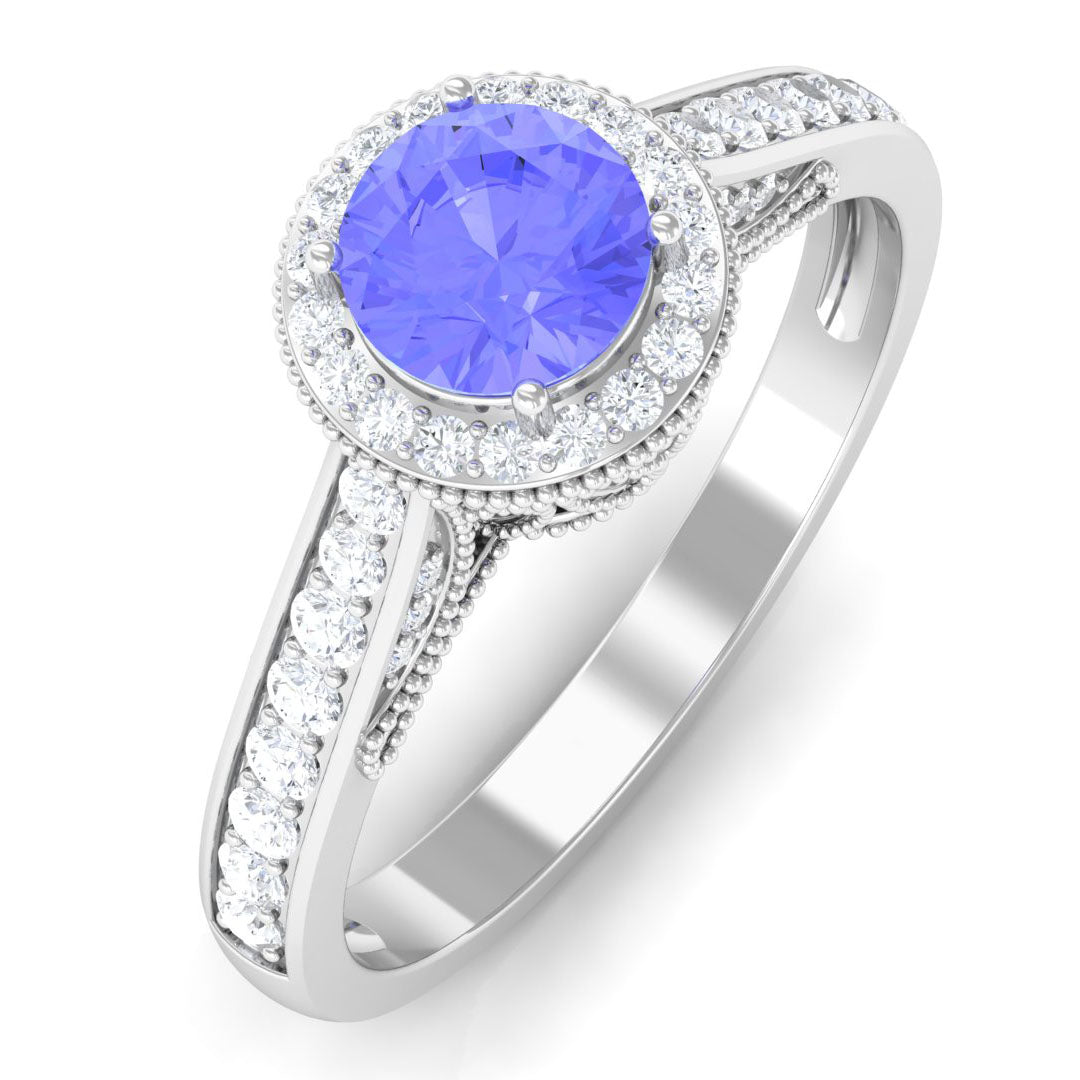 Vintage Style Tanzanite Engagement Ring with Diamond Halo AAA - Rosec Jewels