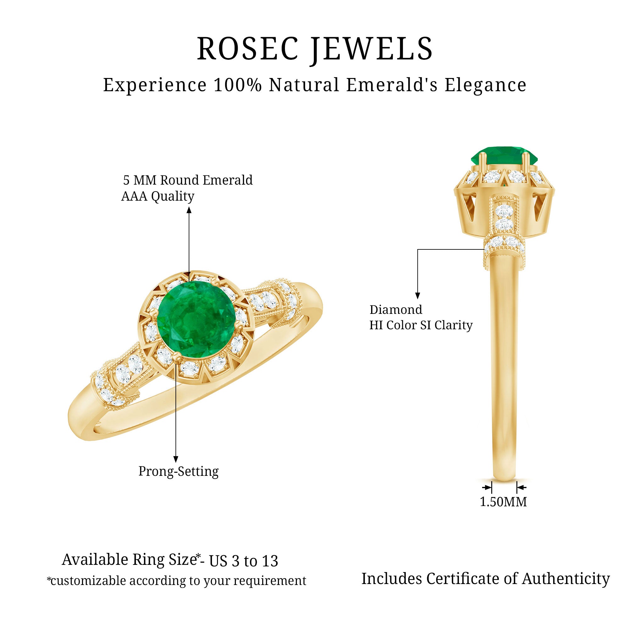 Vintage Inspired Emerald Engagement Ring with Diamond AAA - Rosec Jewels