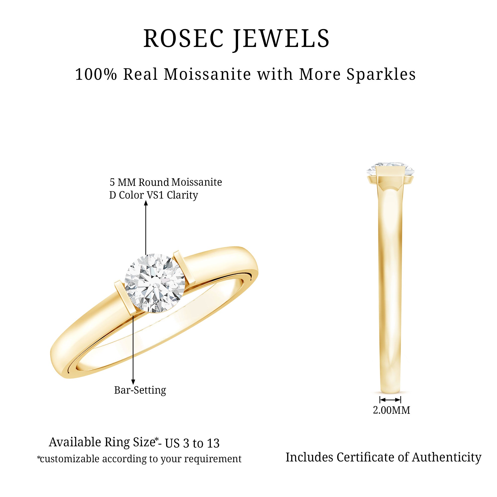 Bar Set Moissanite Solitaire Promise Ring D-VS1 - Rosec Jewels
