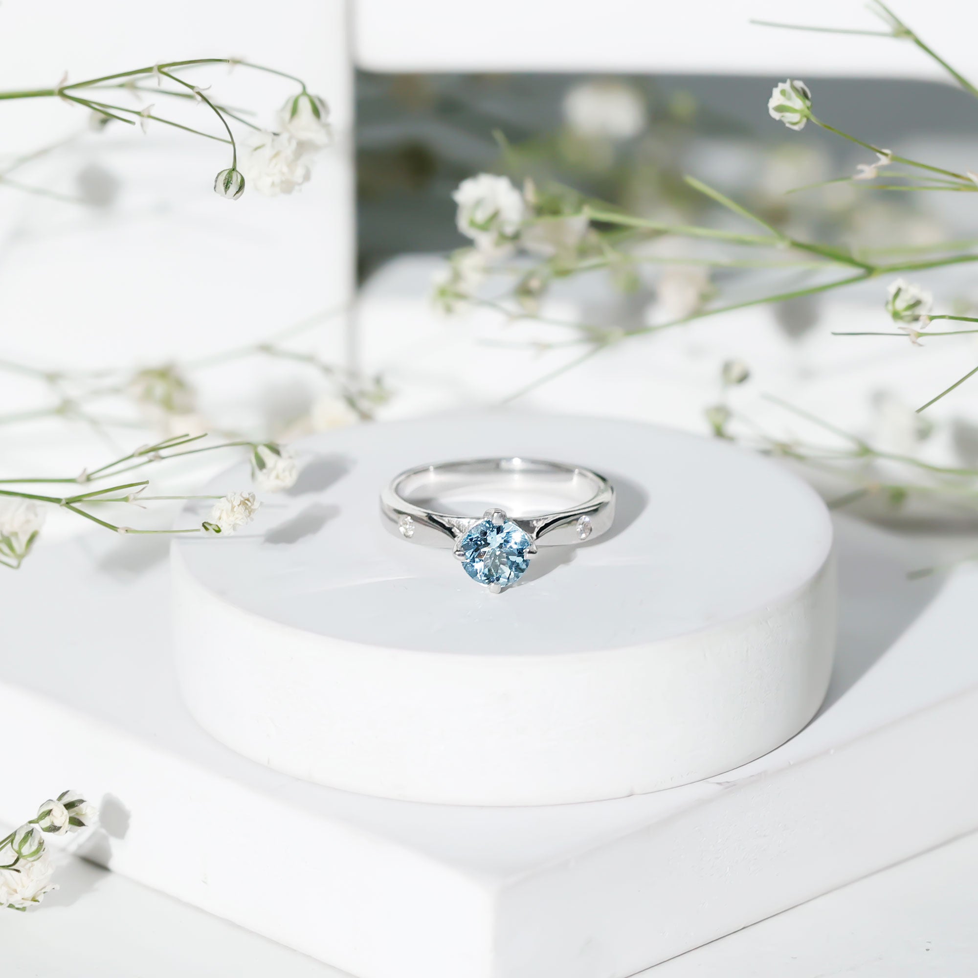 6 MM Certified Aquamarine Solitaire Promise Ring with Diamond AAA - Rosec Jewels
