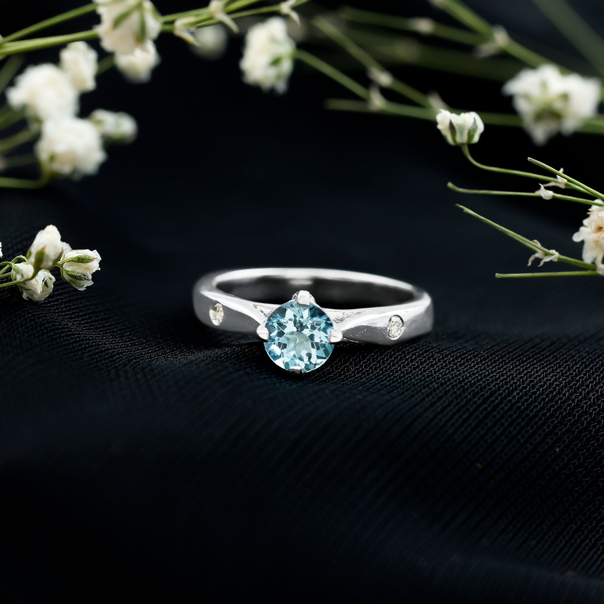 6 MM Certified Aquamarine Solitaire Promise Ring with Diamond AAA - Rosec Jewels
