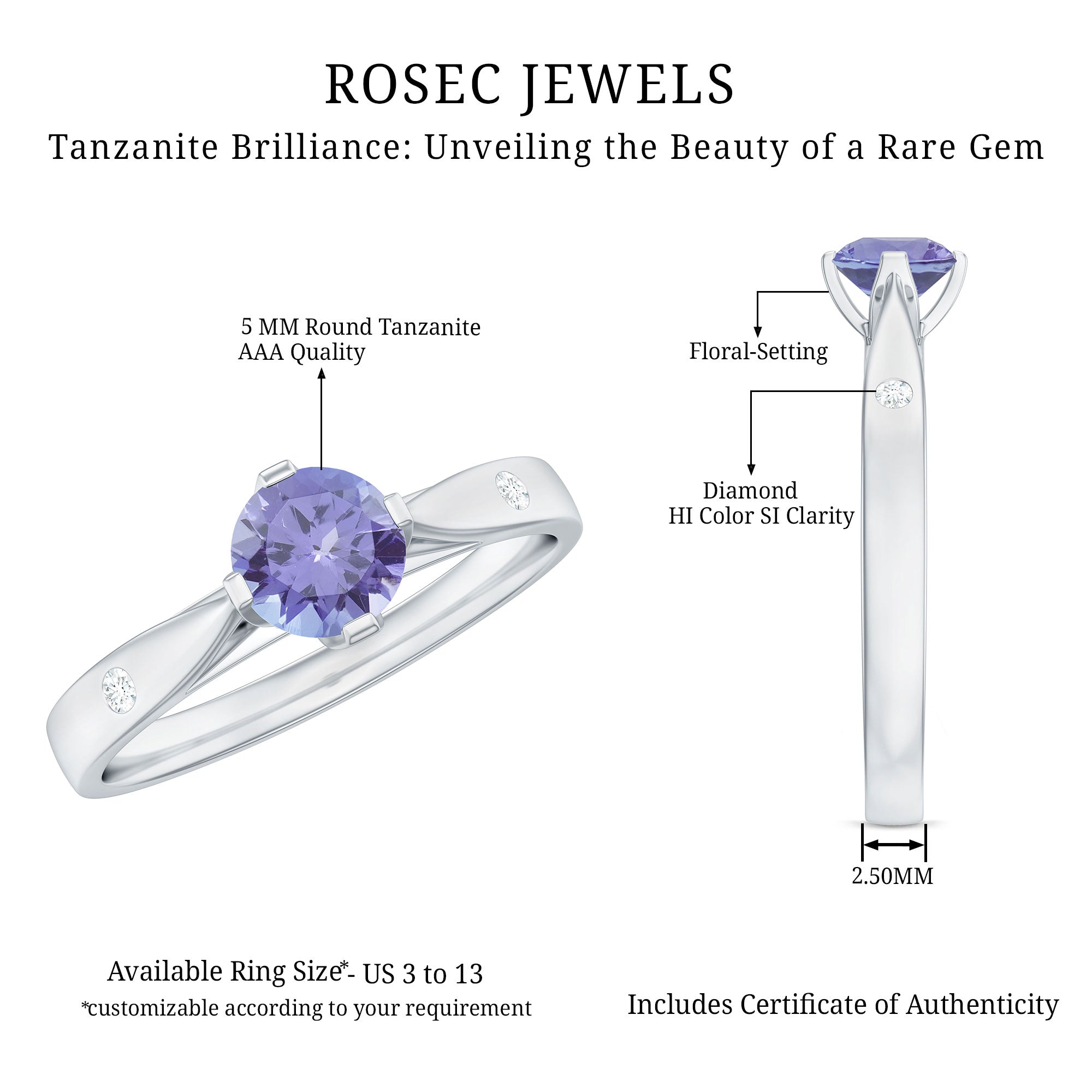 Natural Tanzanite Diamond Commitment Ring for Women AAA - Rosec Jewels