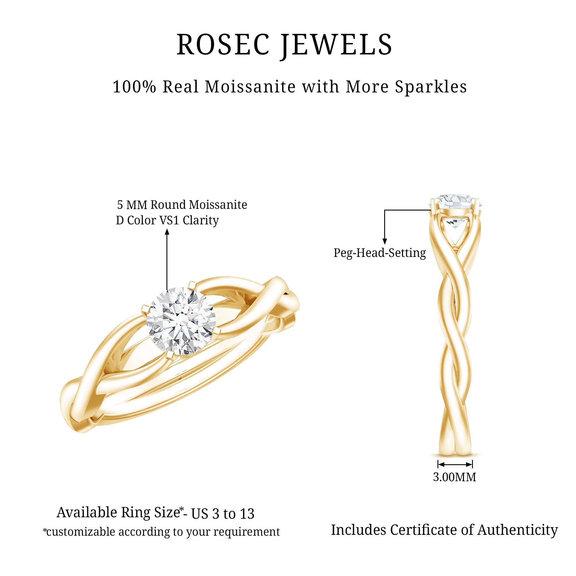 Certified Moissanite Solitaire Engagement Ring in Crossover Shank D-VS1 - Rosec Jewels