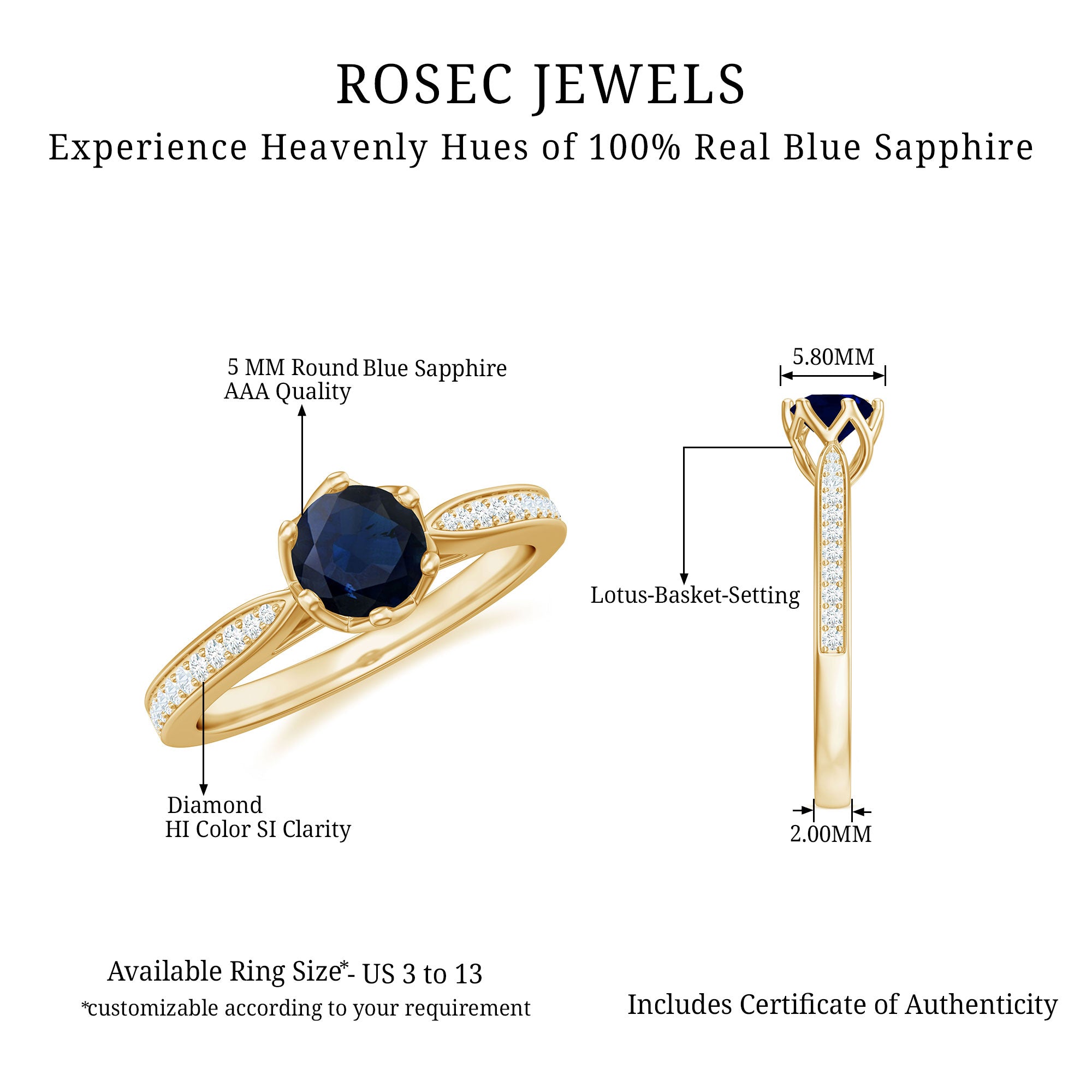Natural 0.9 Carat Blue Sapphire Engagement Ring with Diamond AAA - Rosec Jewels