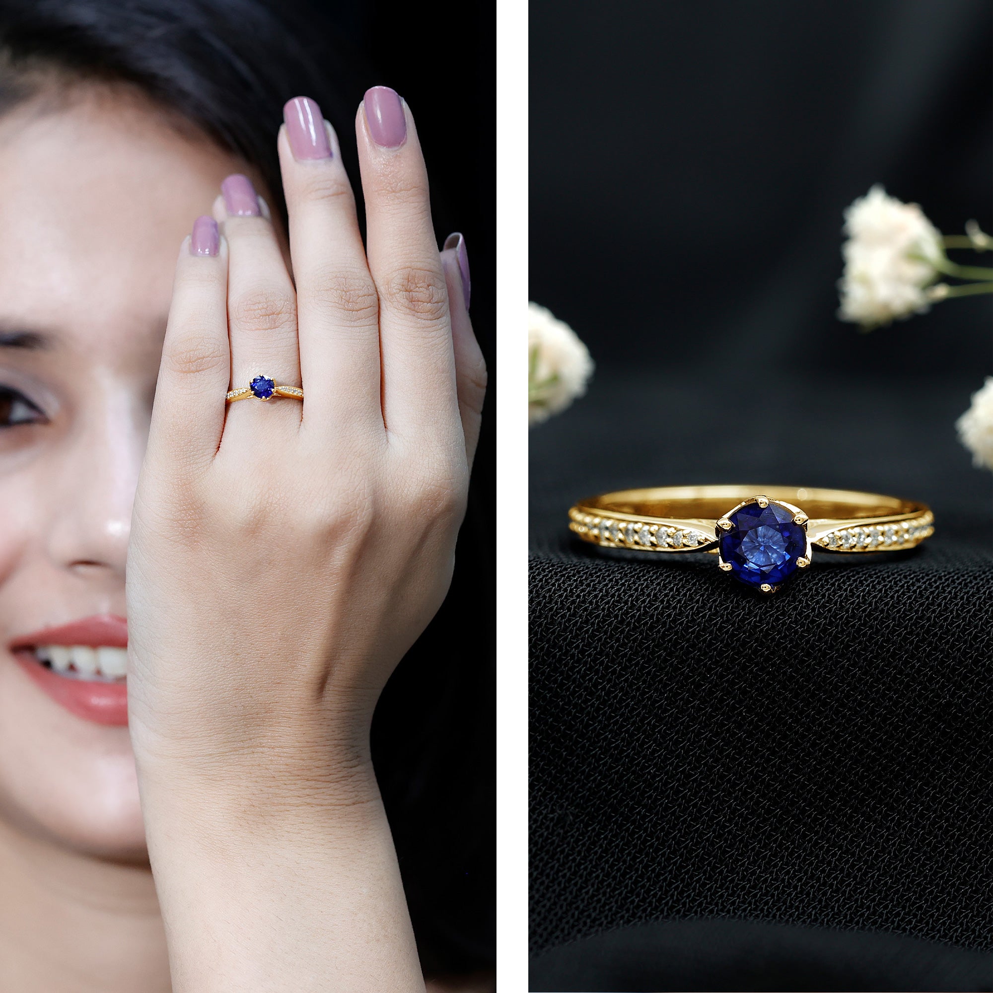 Natural 0.9 Carat Blue Sapphire Engagement Ring with Diamond AAA - Rosec Jewels