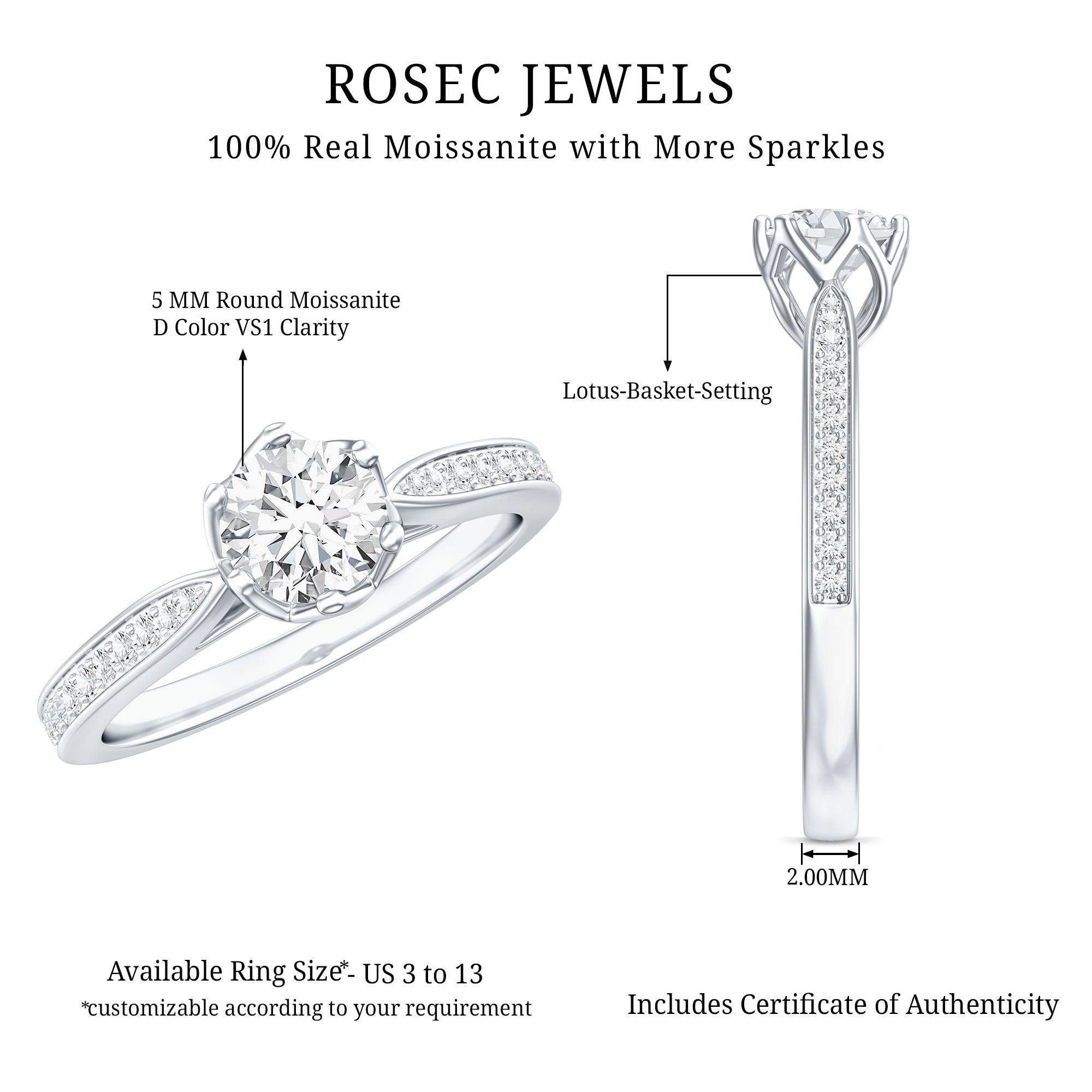 Lotus Basket Set Moissanite Solitaire Engagement Ring for Women D-VS1 - Rosec Jewels