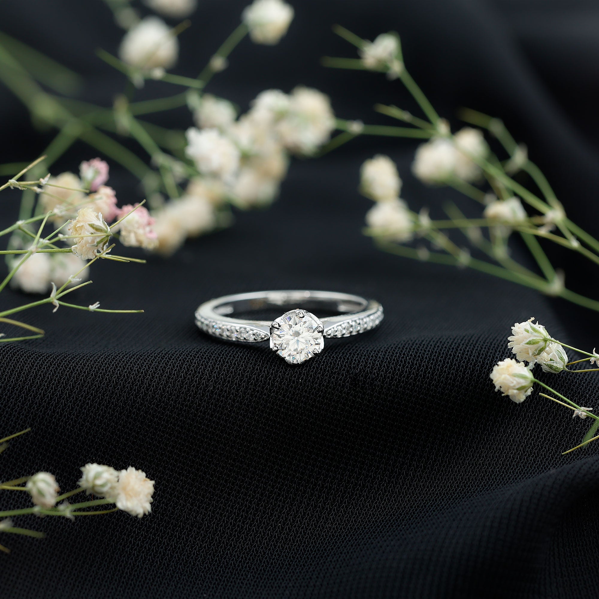 Lotus Basket Set Moissanite Solitaire Engagement Ring for Women D-VS1 - Rosec Jewels