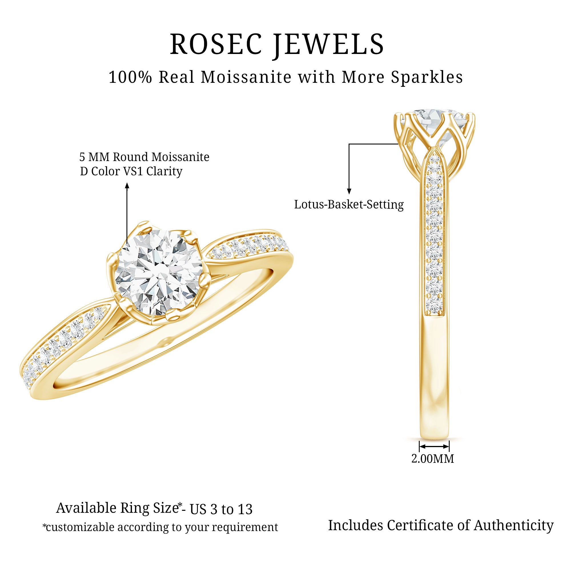 Lotus Basket Set Moissanite Solitaire Engagement Ring for Women D-VS1 - Rosec Jewels