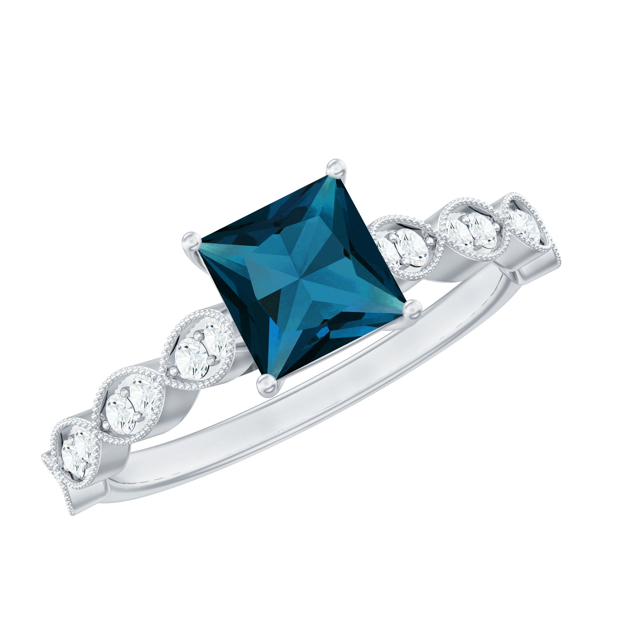 6mm Princess Cut London Blue Topaz Solitaire Ring with Diamond