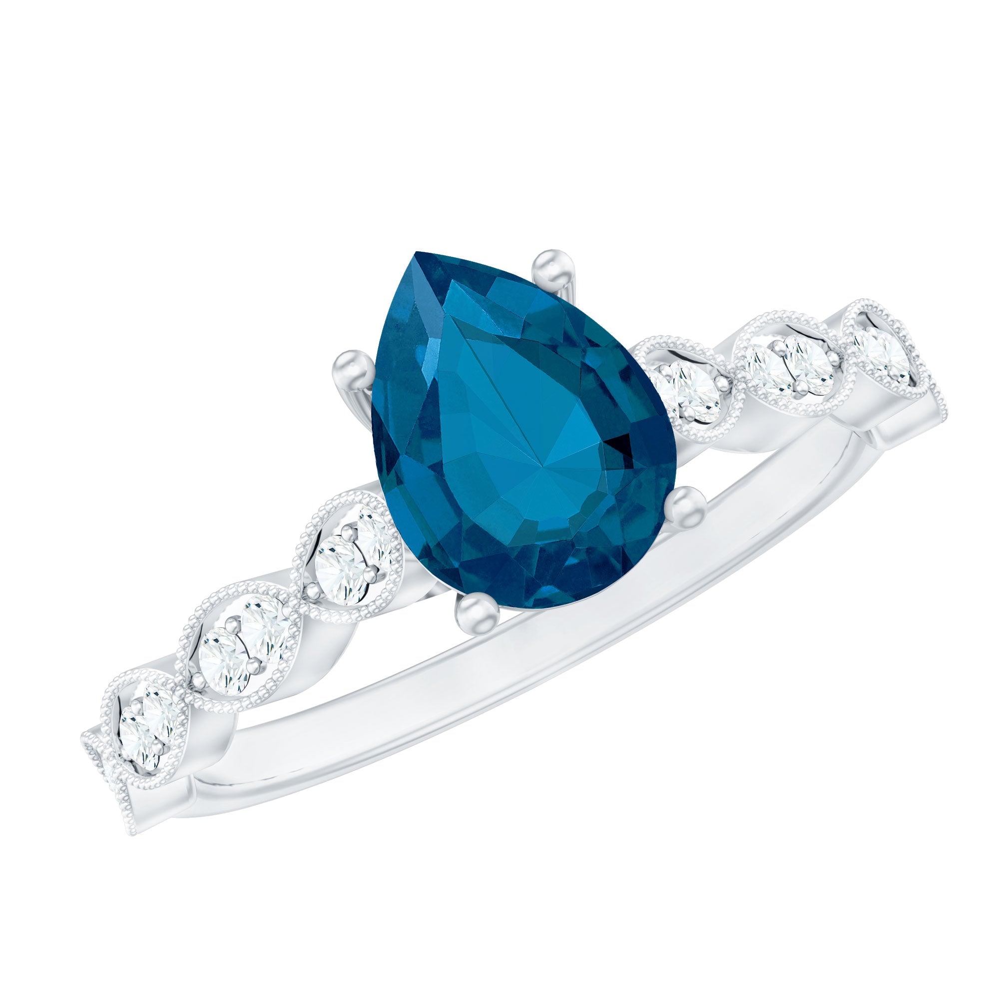 6X8mm Pear Shaped London Blue Topaz Teardrop Engagement Ring with Diamond