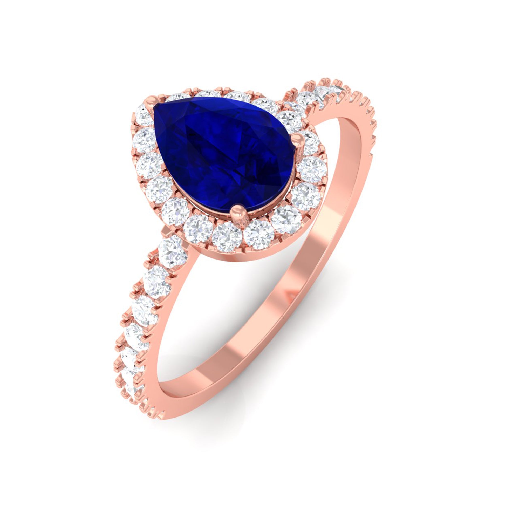 Natural Blue Sapphire and Diamond Teardrop Halo Engagement Ring AAA - Rosec Jewels