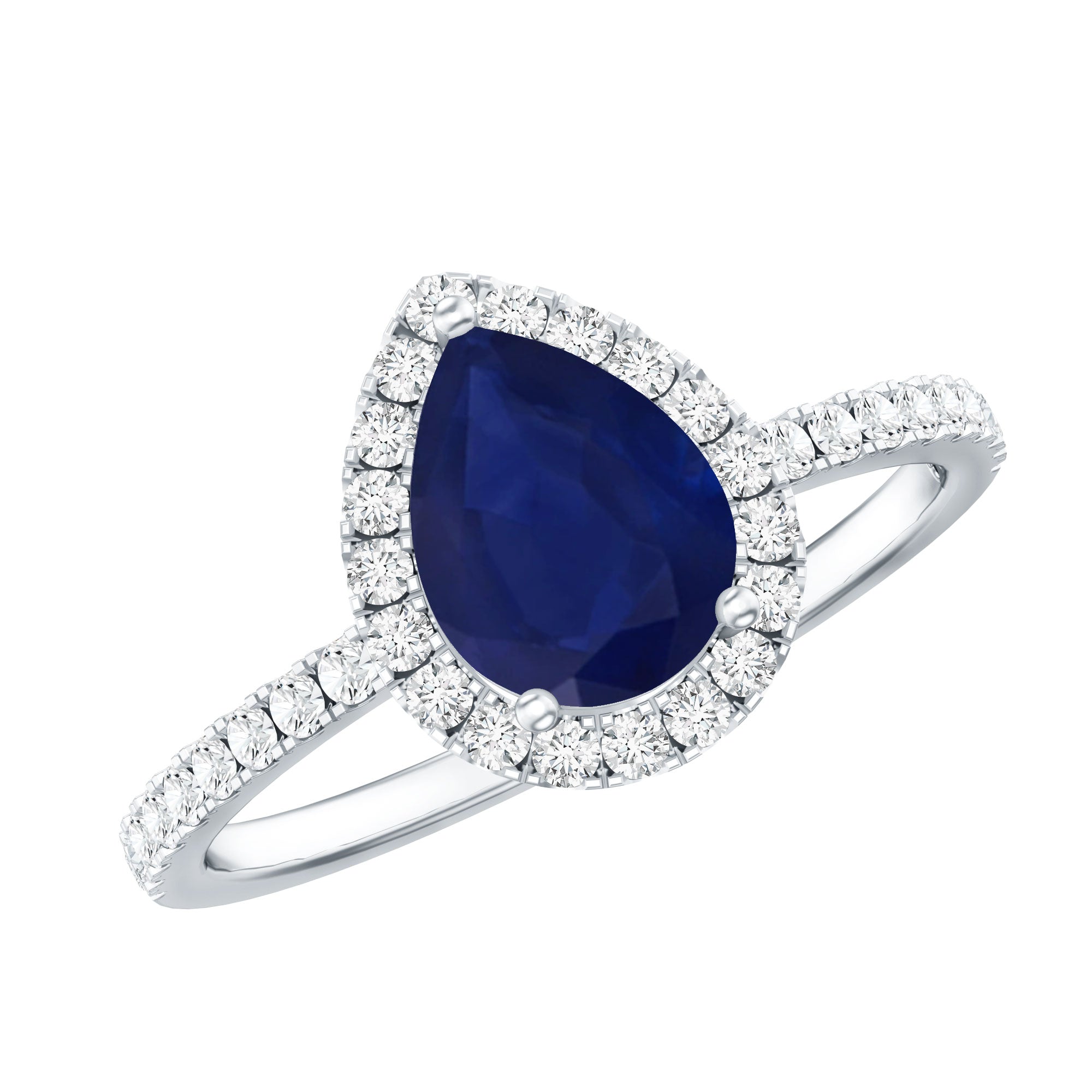 Natural Blue Sapphire and Diamond Teardrop Halo Engagement Ring AAA - Rosec Jewels