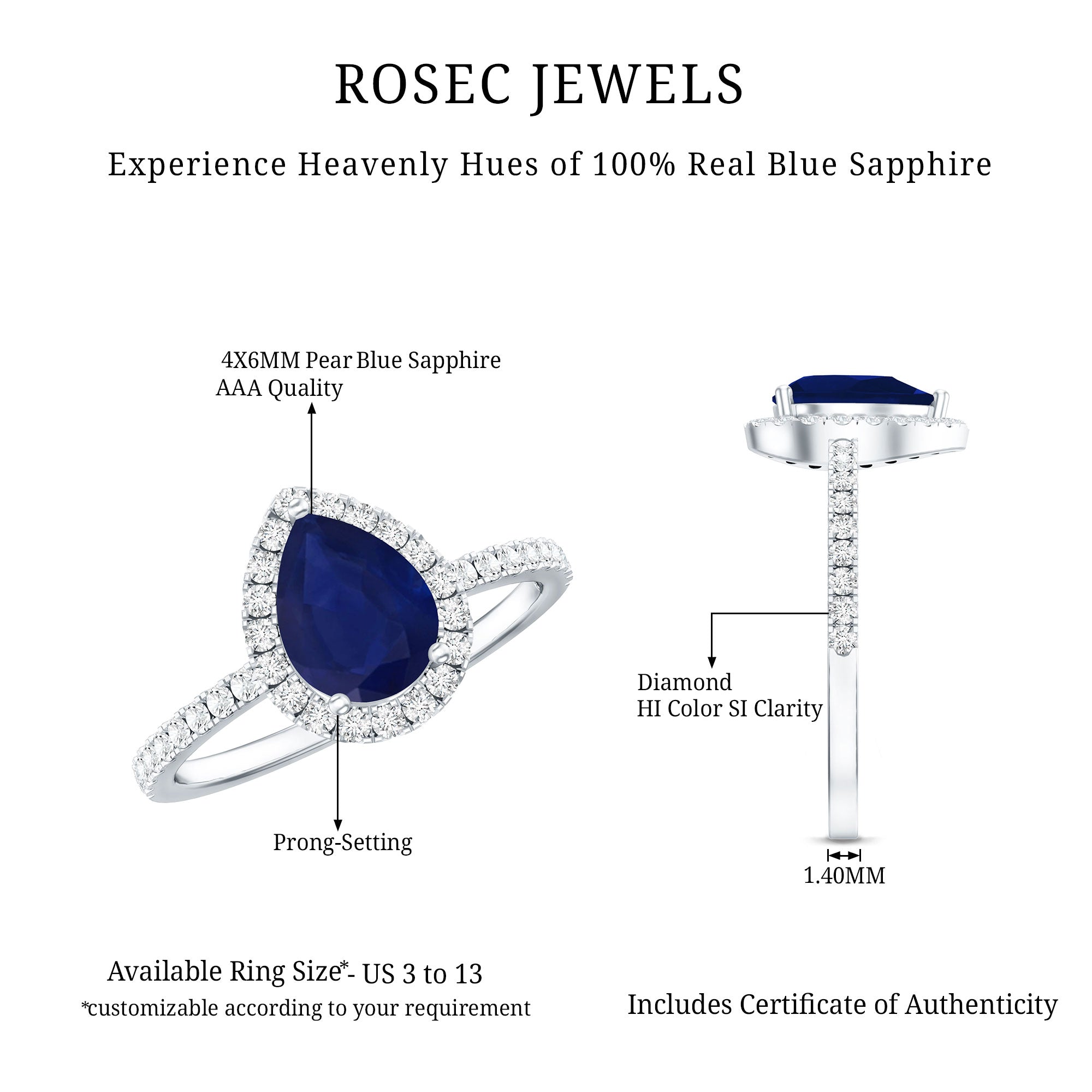 Natural Blue Sapphire and Diamond Teardrop Halo Engagement Ring AAA - Rosec Jewels