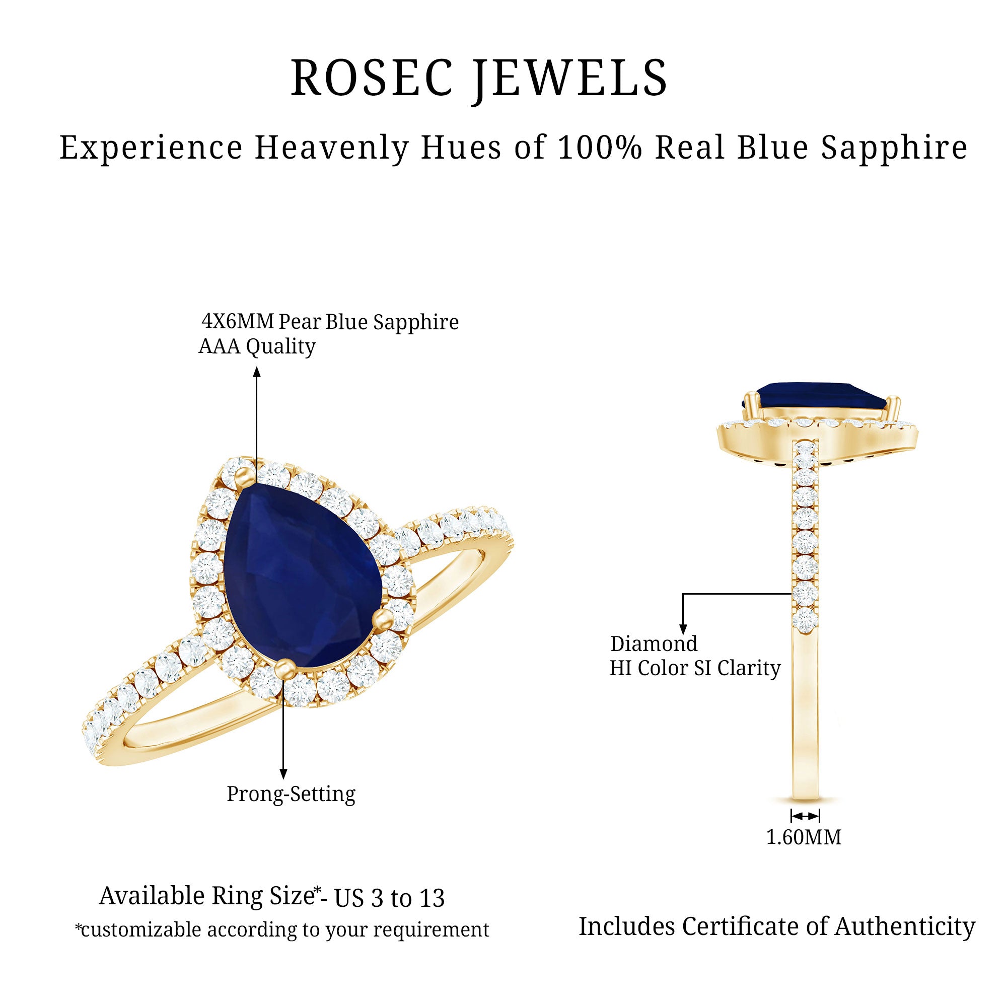Natural Blue Sapphire and Diamond Teardrop Halo Engagement Ring AAA - Rosec Jewels