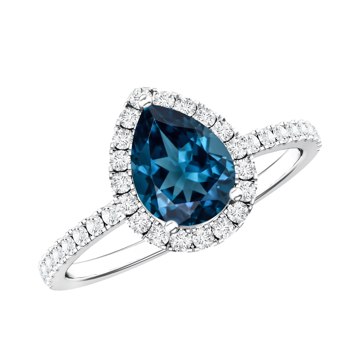 0.7 Carat Pear Shape London Blue Topaz Teardrop Engagement Ring with Diamond Halo AAA - Rosec Jewels