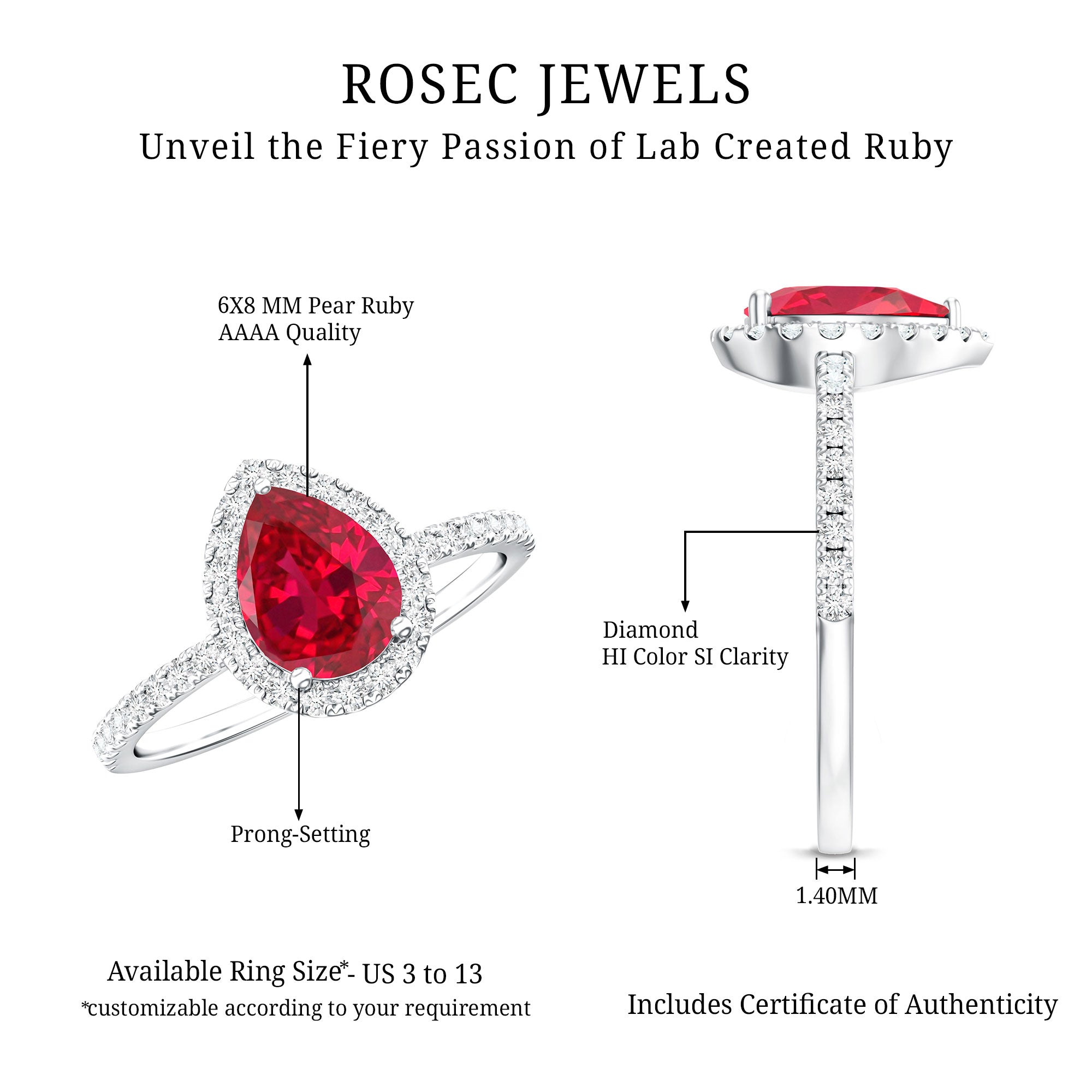 1 Carat Lab Created Ruby Teardrop Engagement Ring with Diamond Halo AAAA - Rosec Jewels