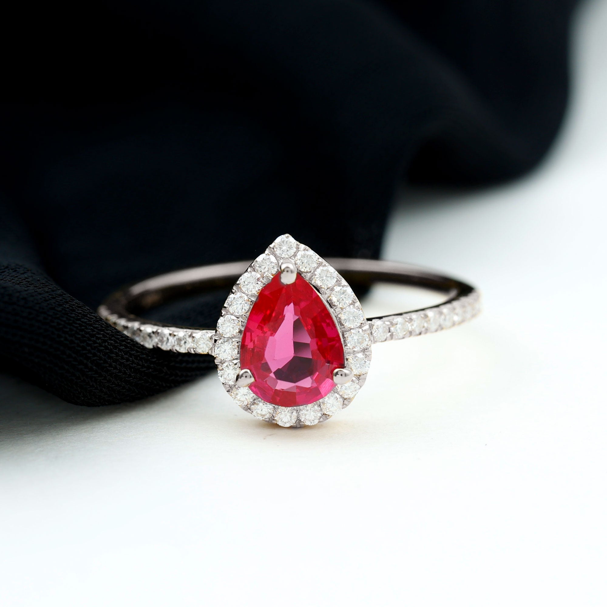 1 Carat Lab Created Ruby Teardrop Engagement Ring with Diamond Halo AAAA - Rosec Jewels